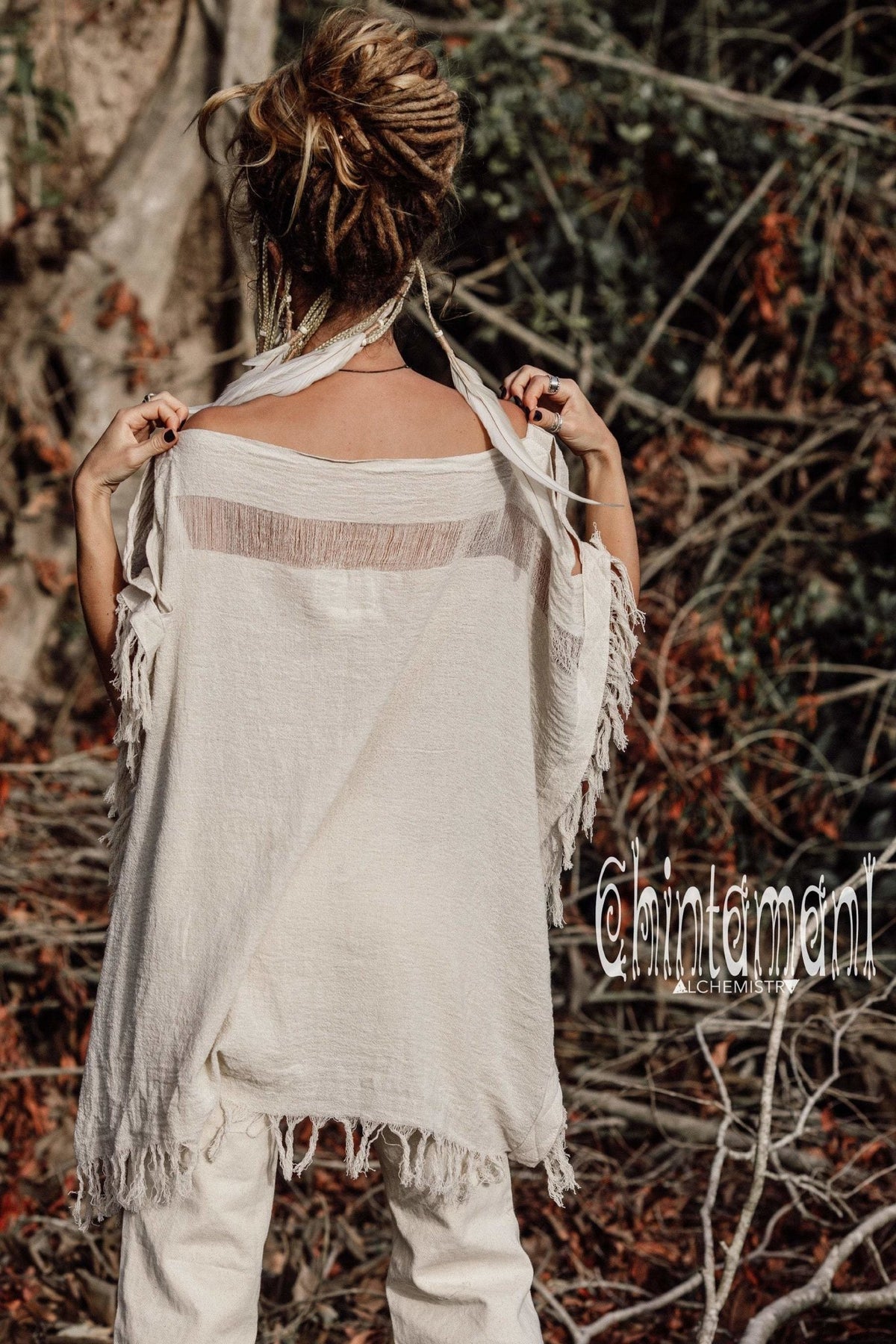 Raw Cotton Bohemian Poncho Top / Off Shoulder / Off White - ChintamaniAlchemi