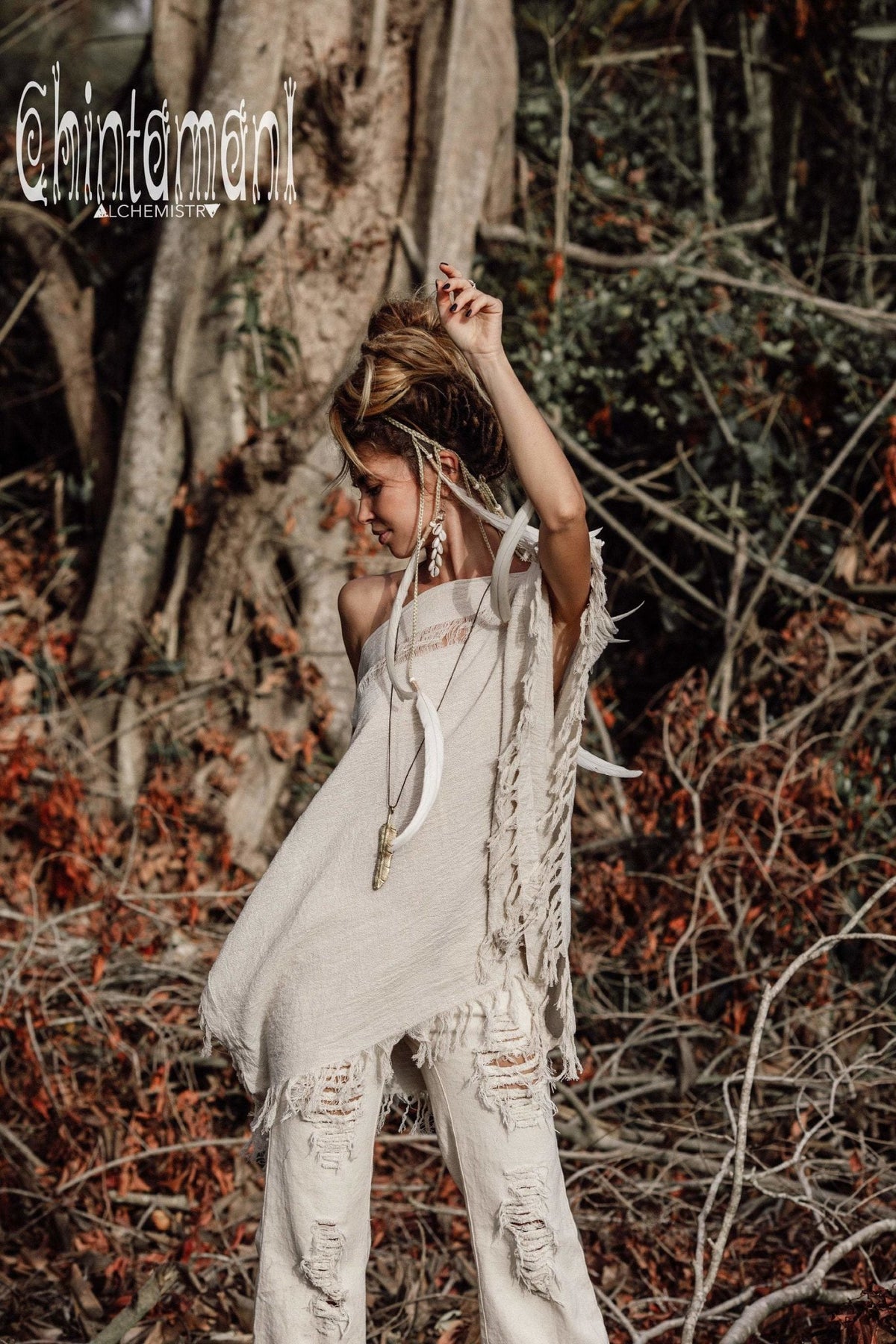 Raw Cotton Bohemian Poncho Top / Off Shoulder / Off White - ChintamaniAlchemi