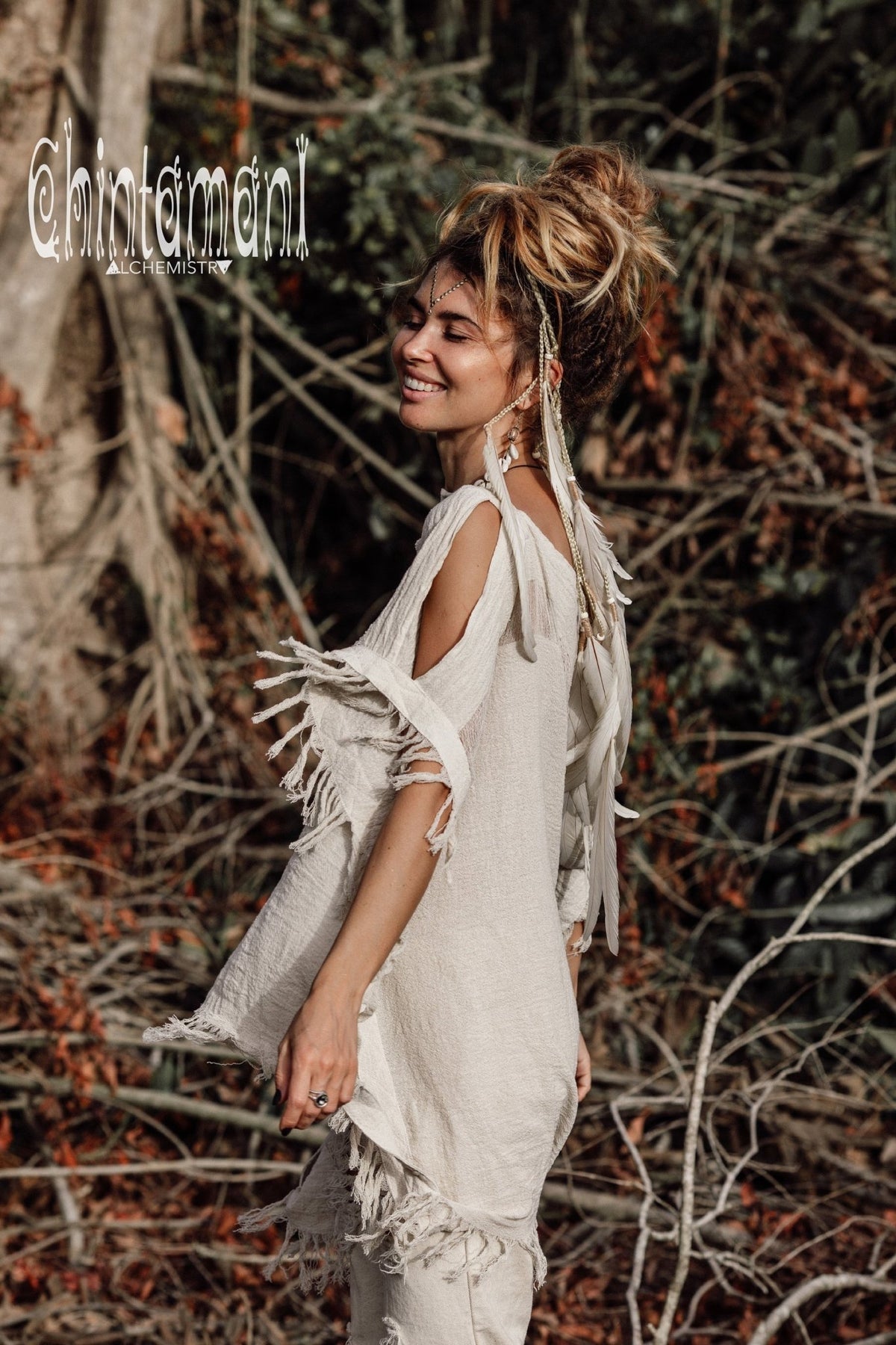 Raw Cotton Bohemian Poncho Top / Off Shoulder / Off White - ChintamaniAlchemi