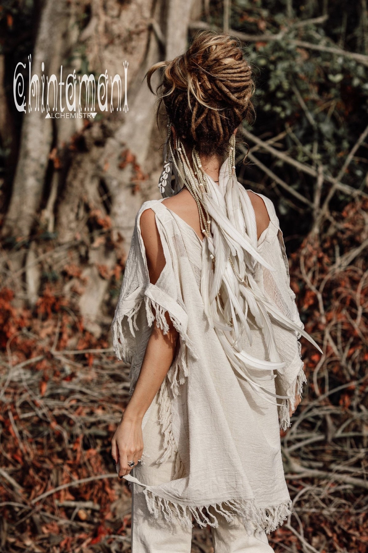 Raw Cotton Bohemian Poncho Top / Off Shoulder / Off White - ChintamaniAlchemi