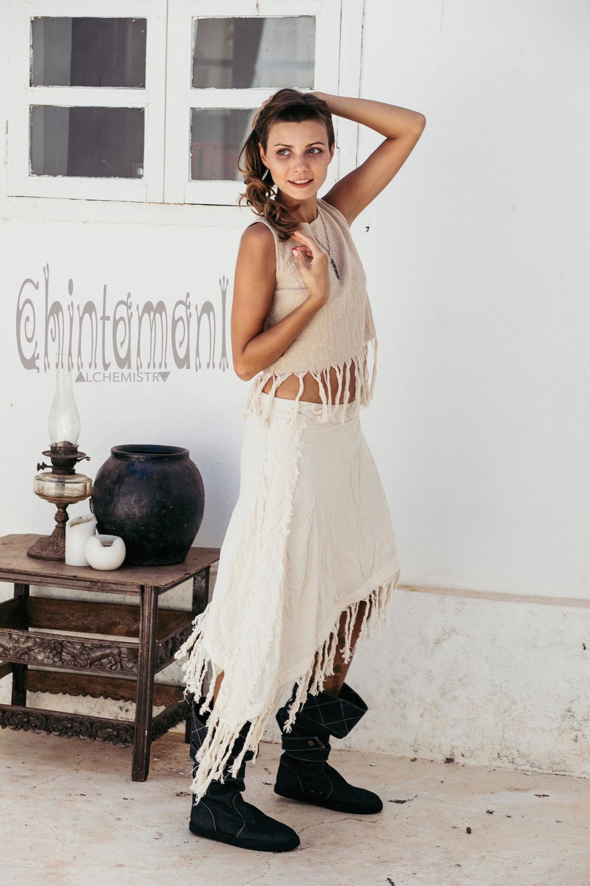 Raw Cotton Boho Wrap Skirt with Fringes / Off White - ChintamaniAlchemi