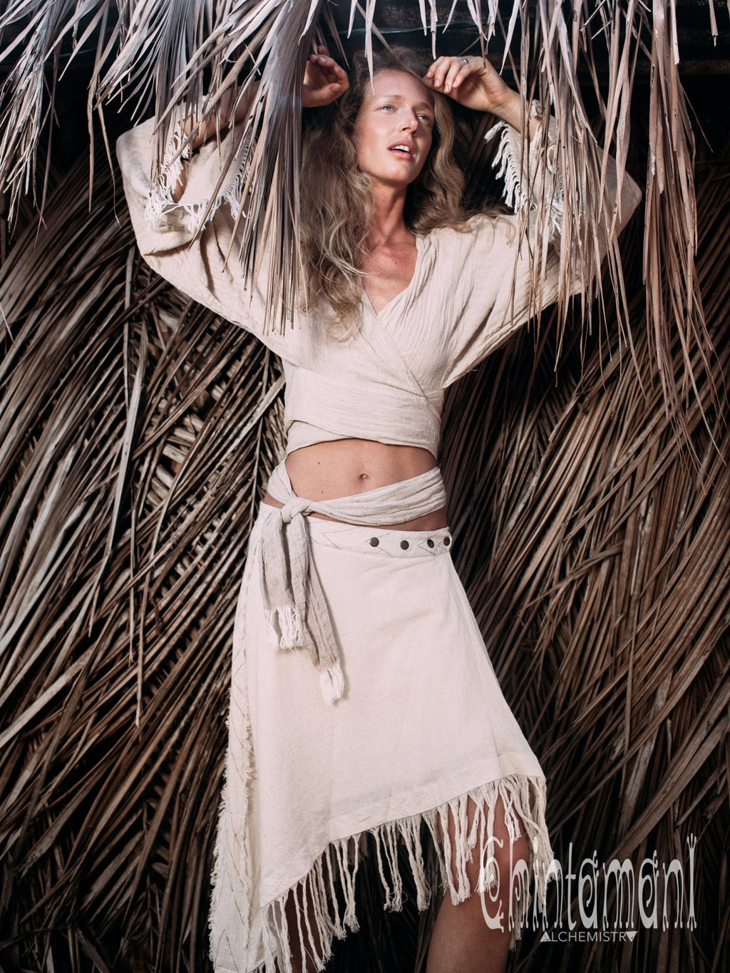 Raw Cotton Boho Wrap Skirt with Fringes / Off White - ChintamaniAlchemi