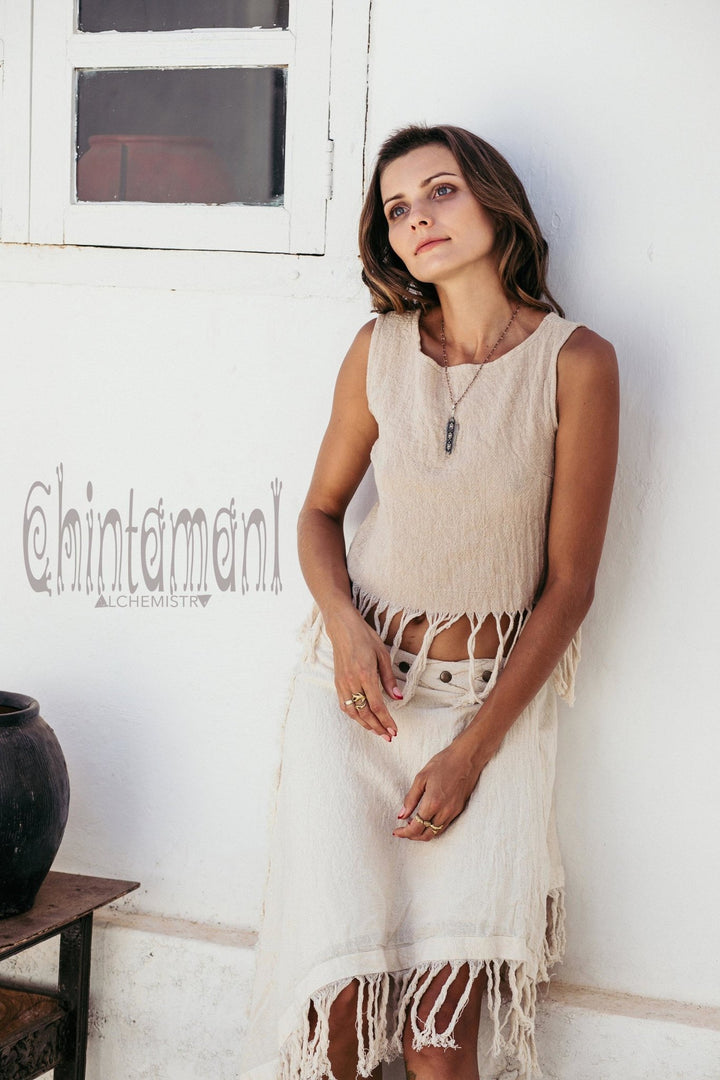 Raw Cotton Boho Wrap Skirt with Fringes / Off White - ChintamaniAlchemi