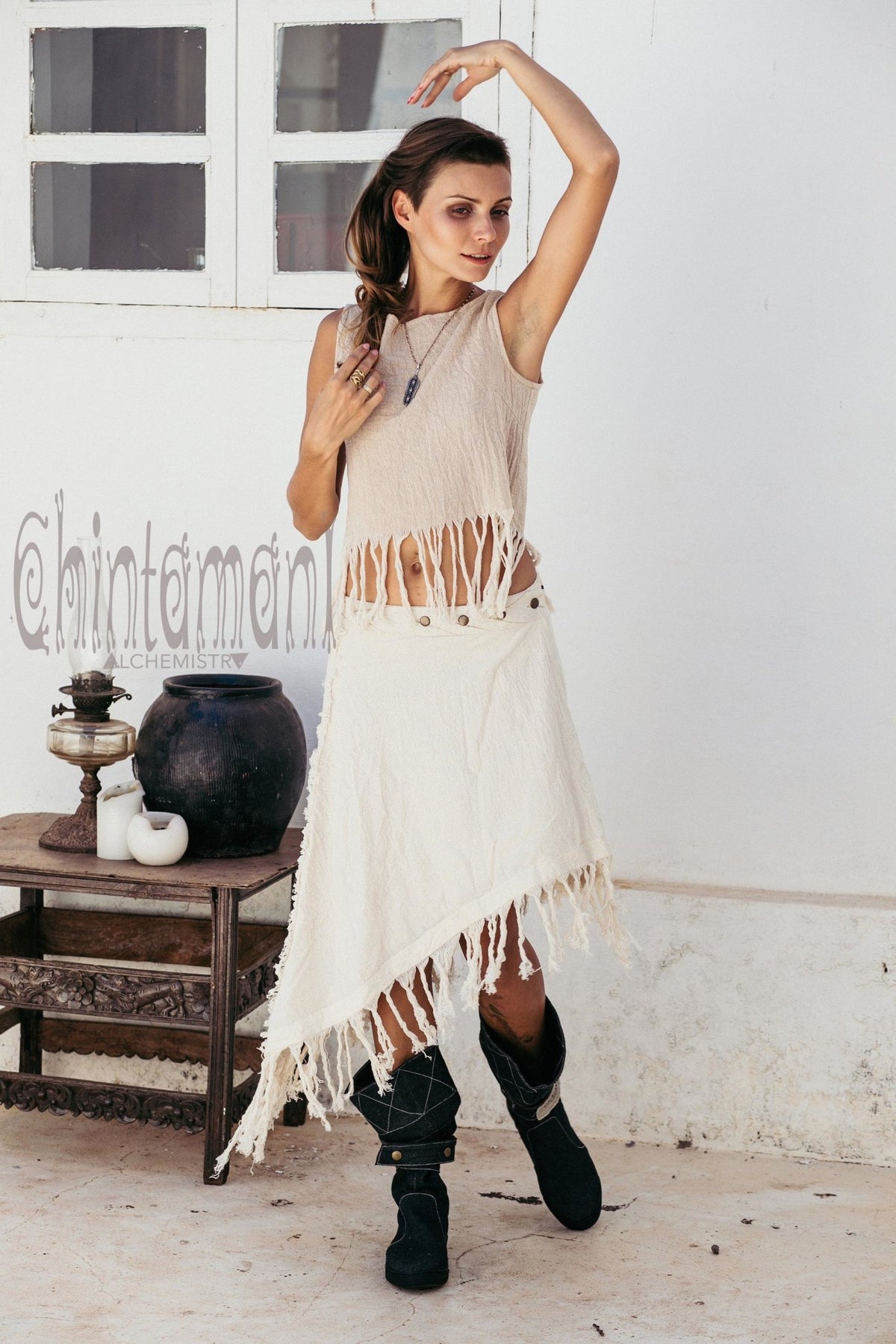 Raw Cotton Boho Wrap Skirt with Fringes / Off White - ChintamaniAlchemi