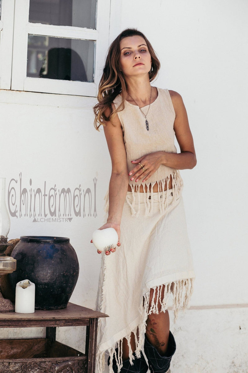 Raw Cotton Boho Wrap Skirt with Fringes / Off White - ChintamaniAlchemi