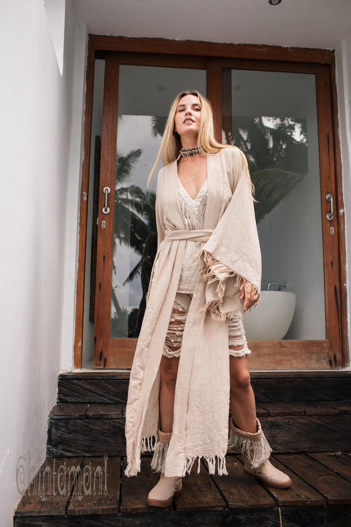 Raw Cotton Fringe Kimono Cardigan ∆ Wrap Jacket / Beige - ChintamaniAlchemi