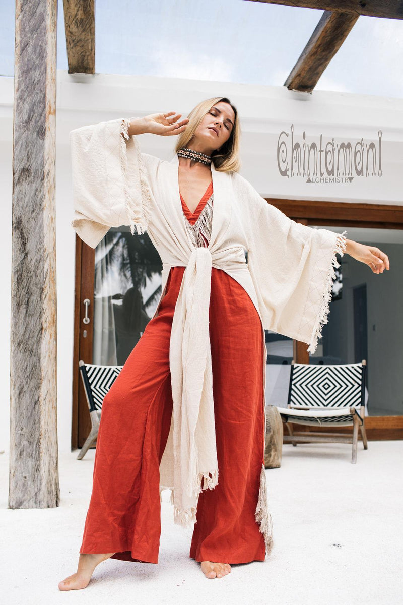 Raw Cotton Fringe Kimono Cardigan ∆ Wrap Jacket / Off White - ChintamaniAlchemi