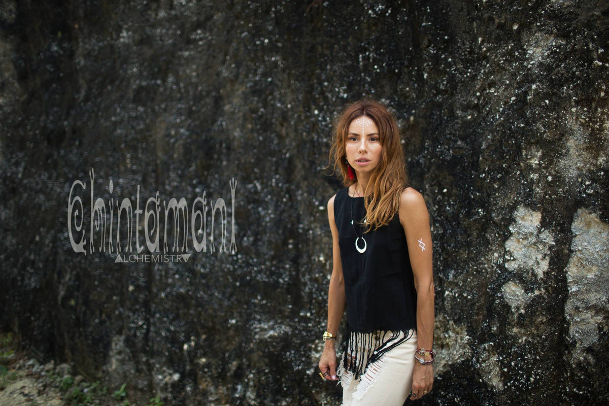 Raw Cotton Fringe Tank Top / Hand Processed Organic Eco Top / Black - ChintamaniAlchemi