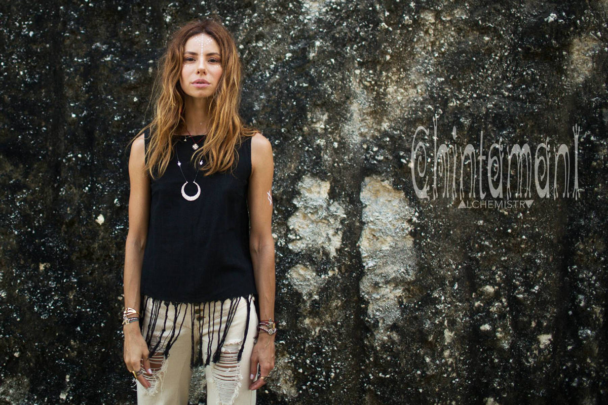 Raw Cotton Fringe Tank Top / Hand Processed Organic Eco Top / Black - ChintamaniAlchemi