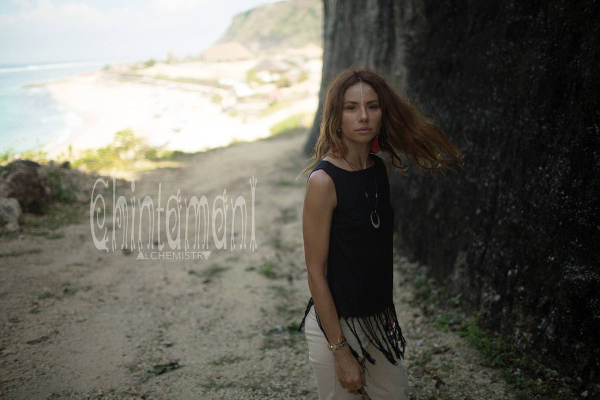 Raw Cotton Fringe Tank Top / Hand Processed Organic Eco Top / Black - ChintamaniAlchemi