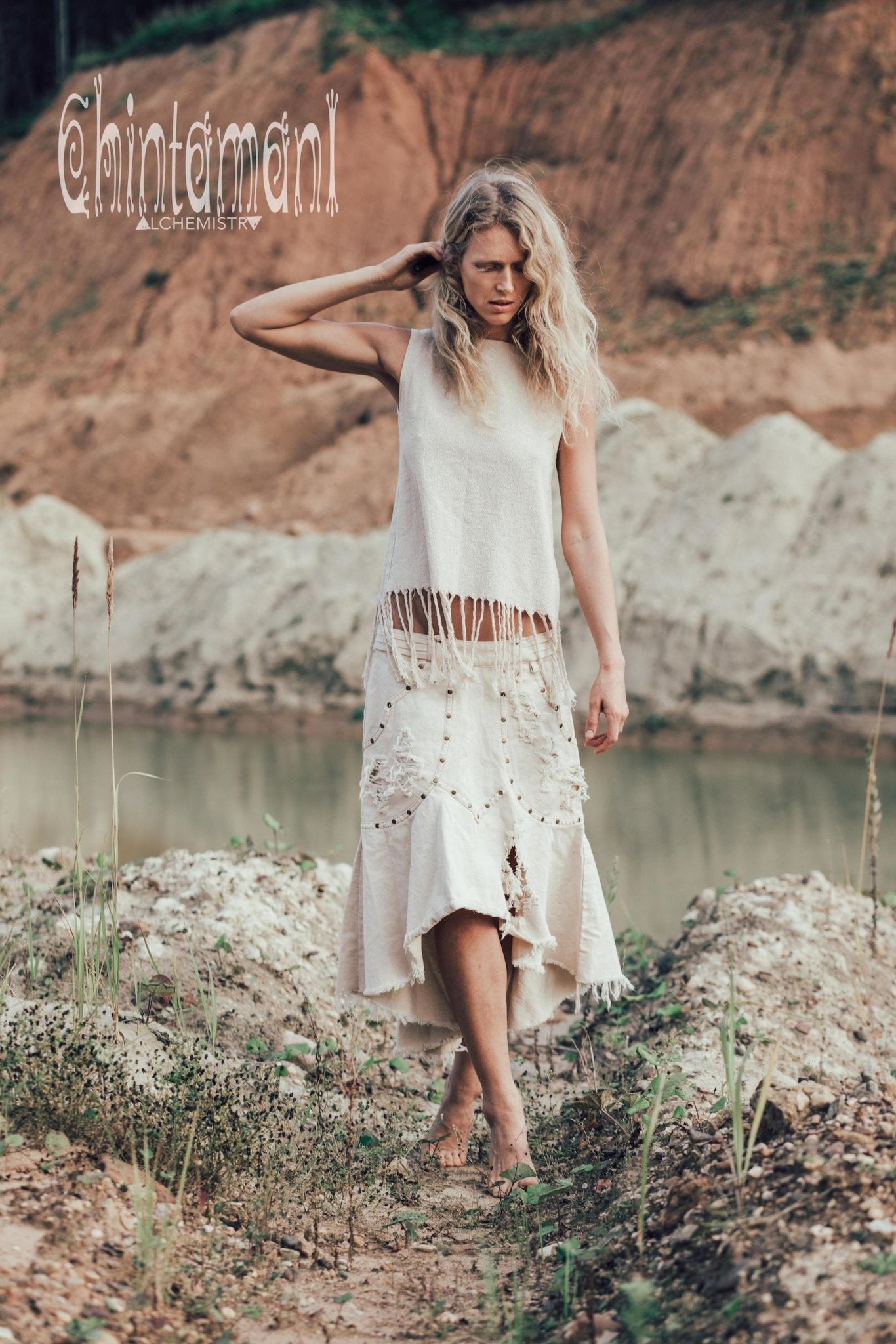 Raw Cotton Fringe Tank Top / Hand Processed Organic Eco Top / Off