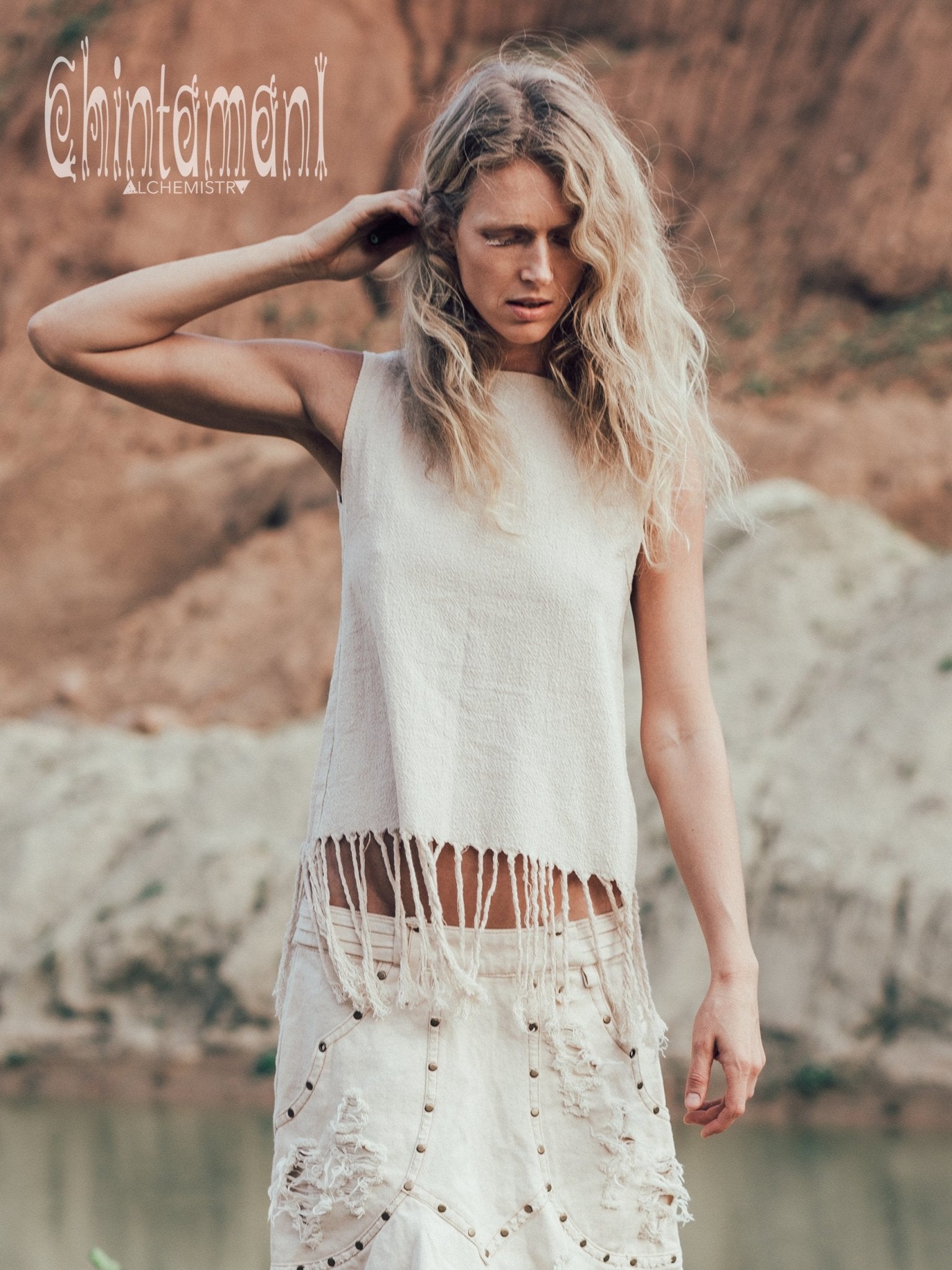 Raw Cotton Fringe Tank Top / Hand Processed Organic Eco Top / Off White - ChintamaniAlchemi