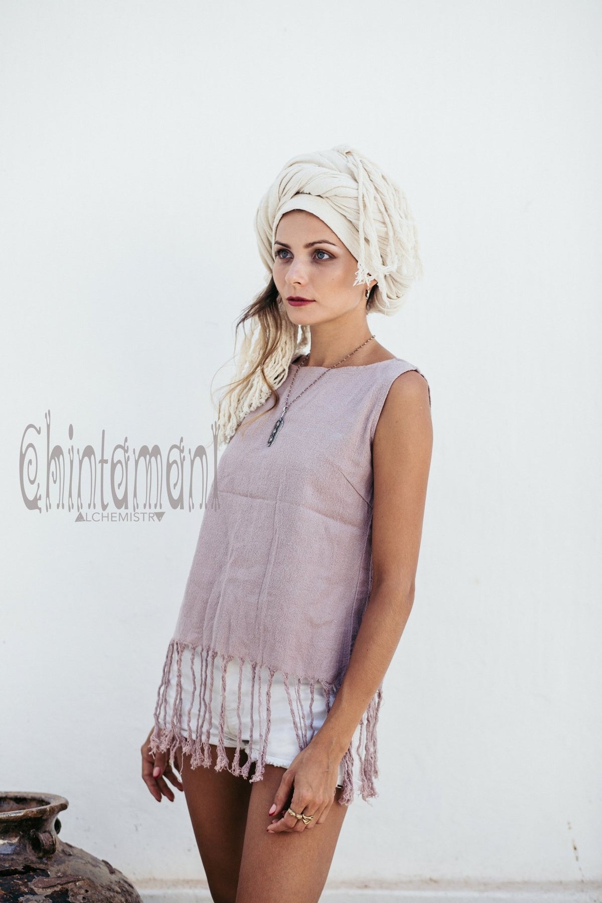 Raw Cotton Fringe Tank Top / Hand Processed Organic Eco Top / Purple - ChintamaniAlchemi