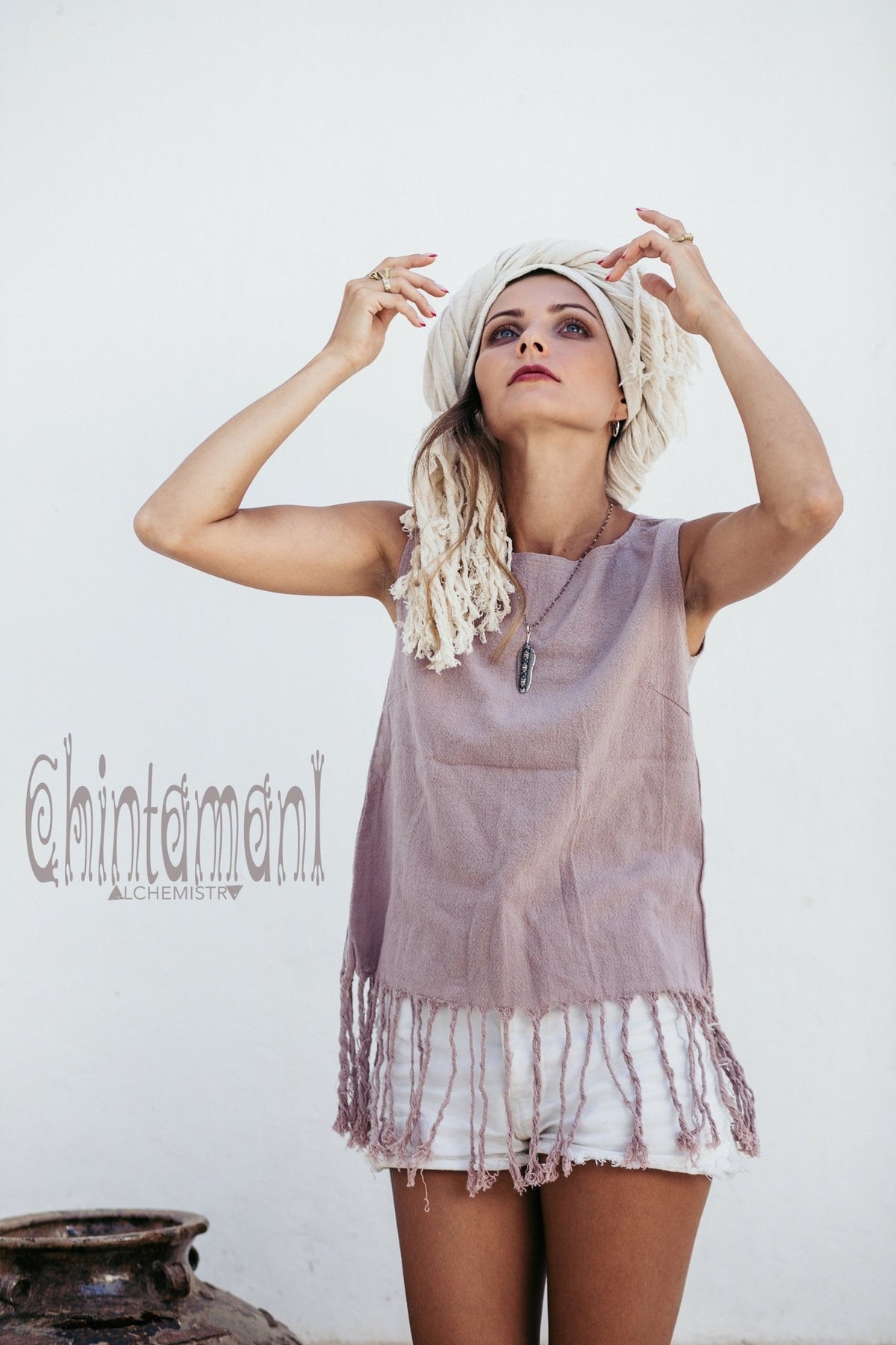 Raw Cotton Fringe Tank Top / Hand Processed Organic Eco Top / Purple - ChintamaniAlchemi