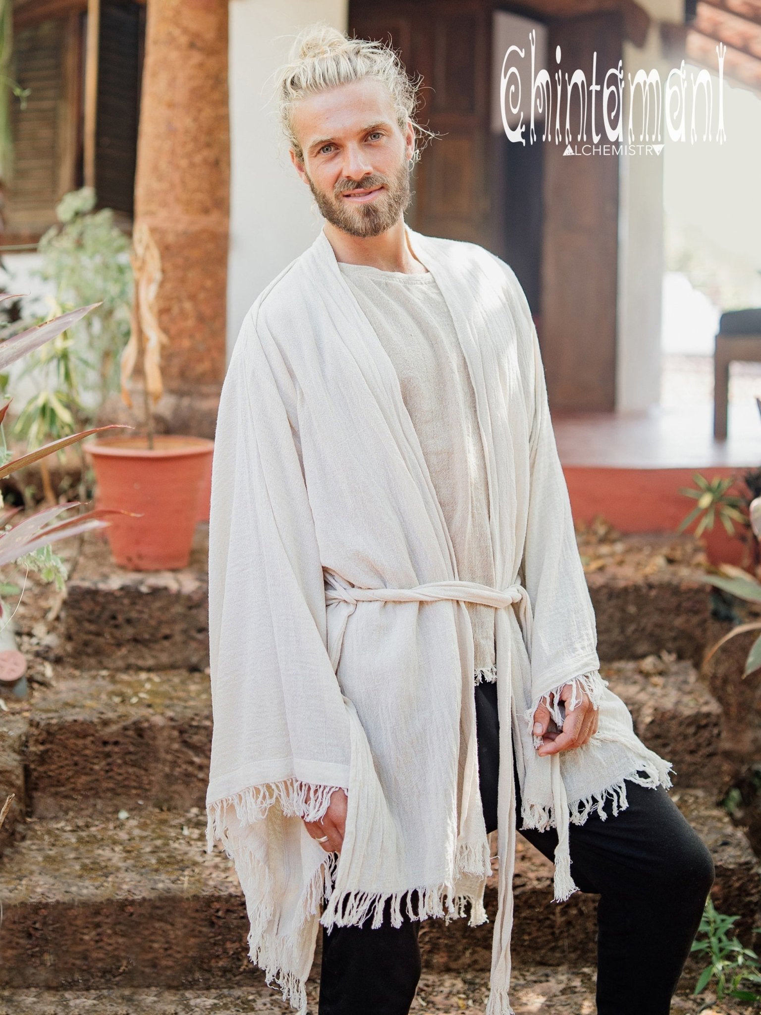 Raw Cotton Kimono Robe / Cardigan for Men / Off White - ChintamaniAlchemi