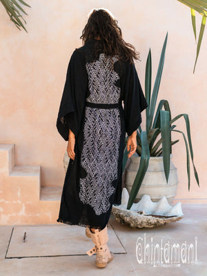 Raw Cotton Kimono Robe with Print / Black - ChintamaniAlchemi