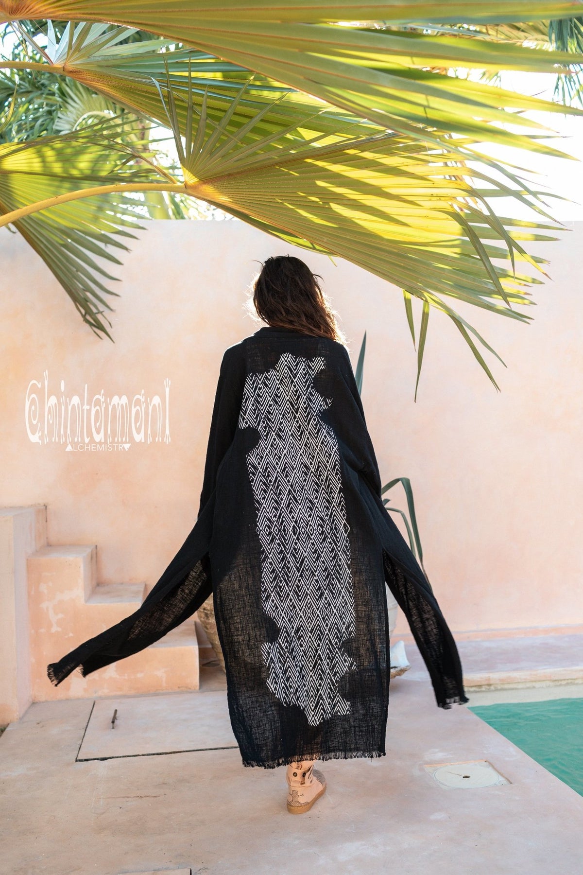 Raw Cotton Kimono Robe with Print / Black - ChintamaniAlchemi