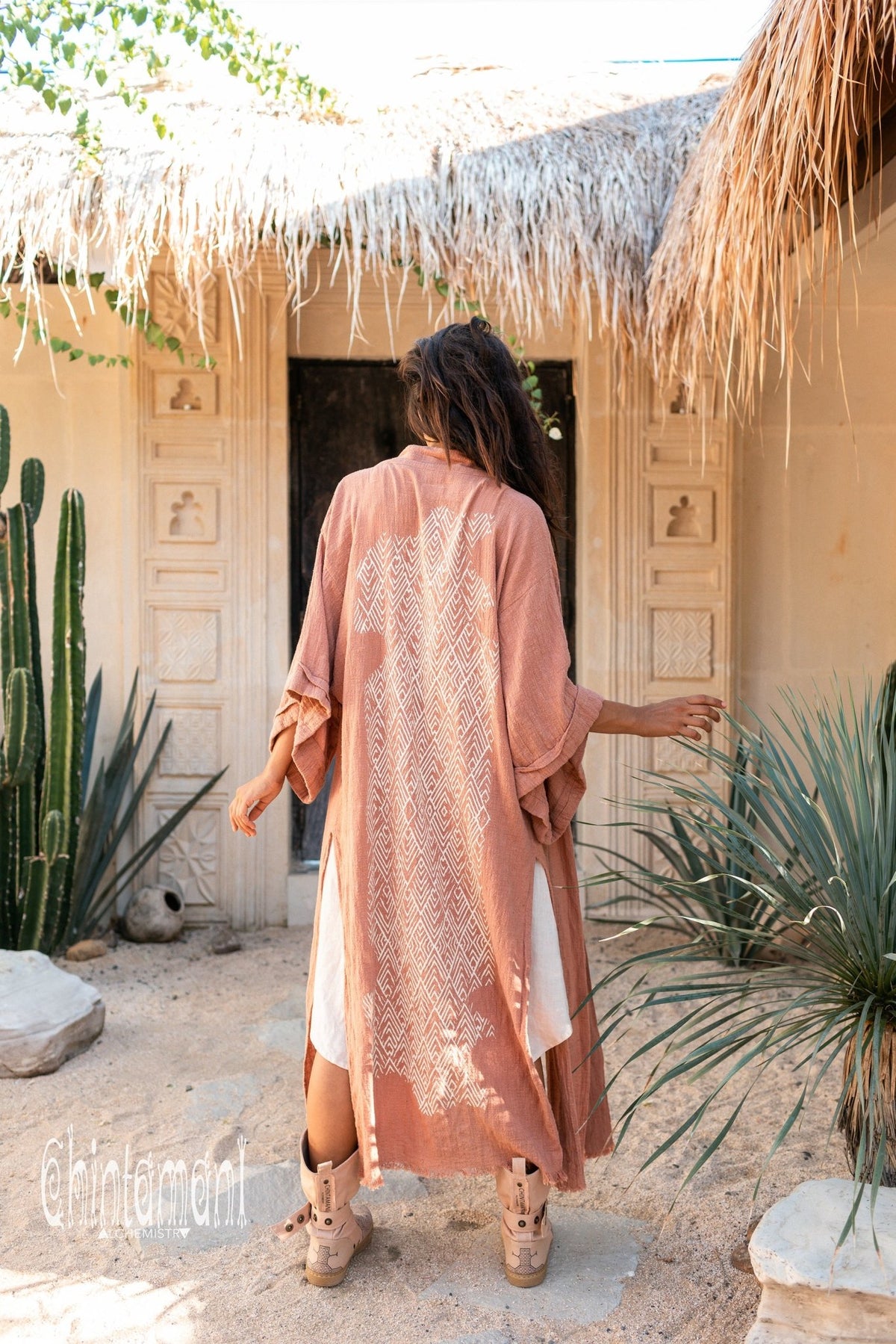 Raw Cotton Kimono Robe with Print / Dusty Pink - ChintamaniAlchemi