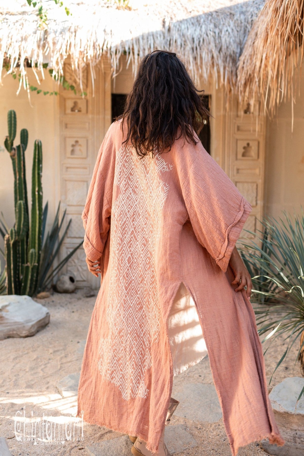 Raw Cotton Kimono Robe with Print / Dusty Pink - ChintamaniAlchemi