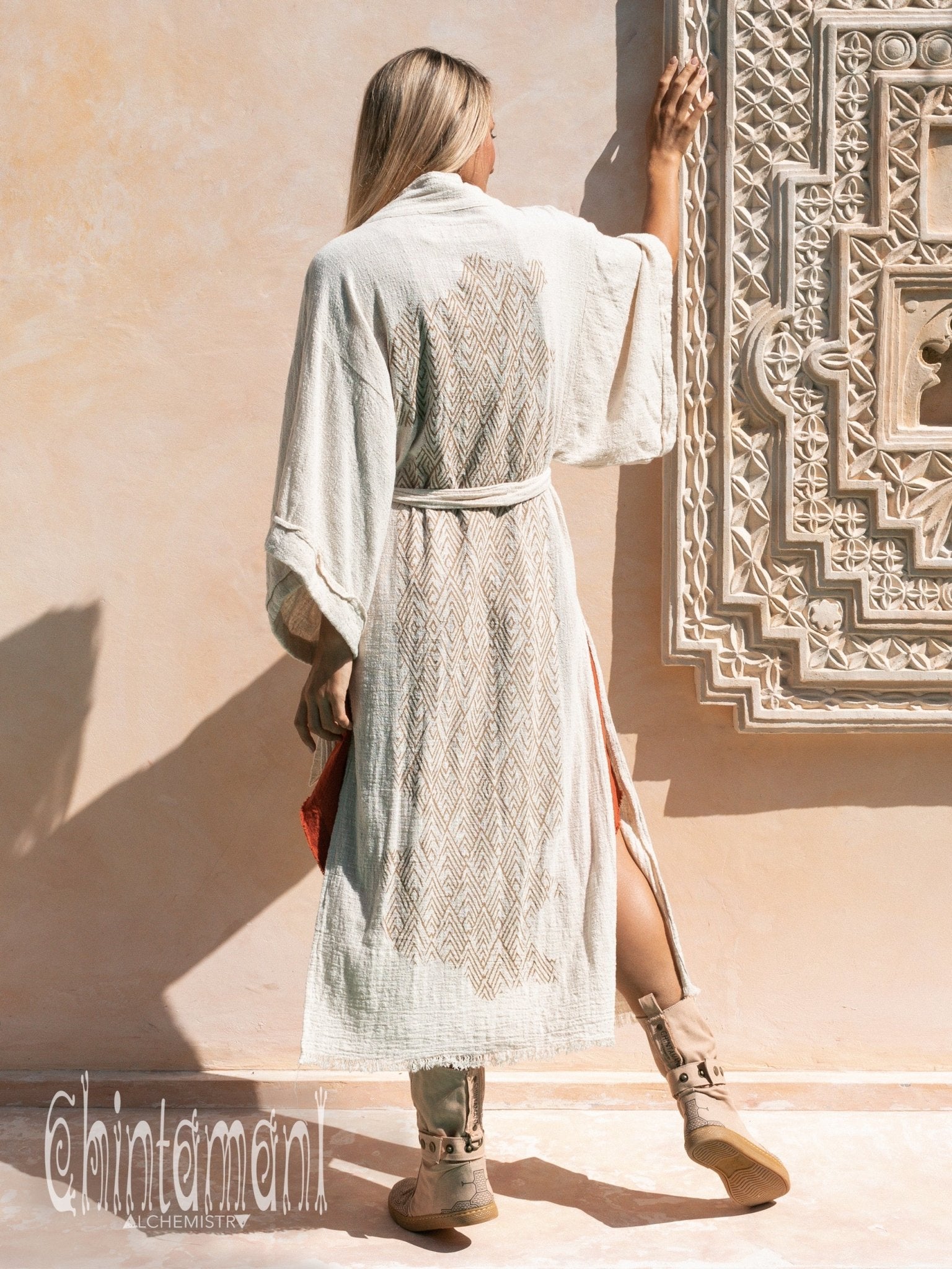 Raw Cotton Kimono Robe with Print / Off White - ChintamaniAlchemi