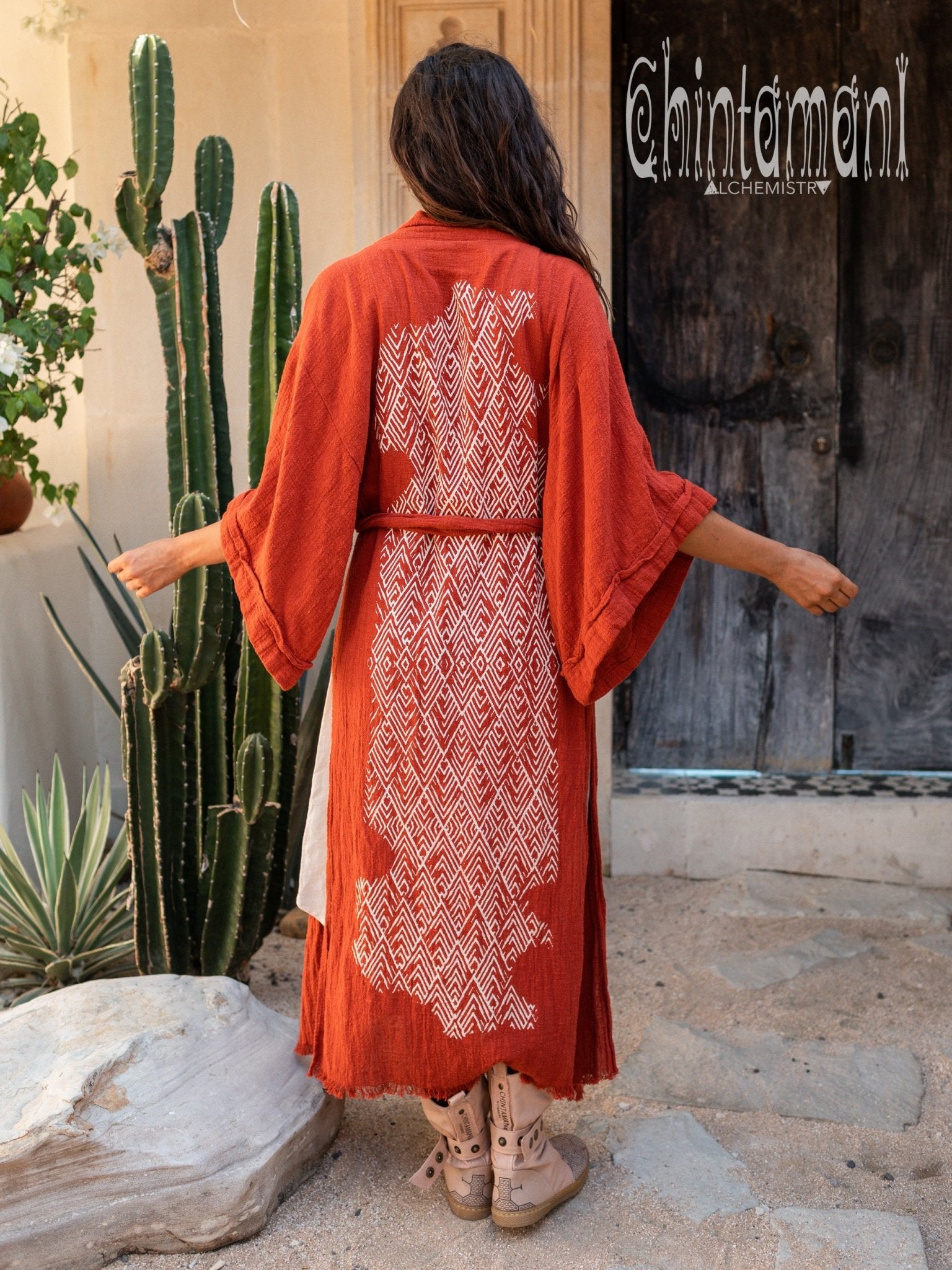 Raw Cotton Kimono Robe with Print / Red Ochre - ChintamaniAlchemi