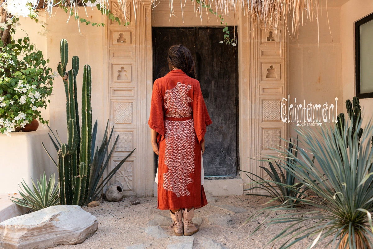 Raw Cotton Kimono Robe with Print / Red Ochre - ChintamaniAlchemi