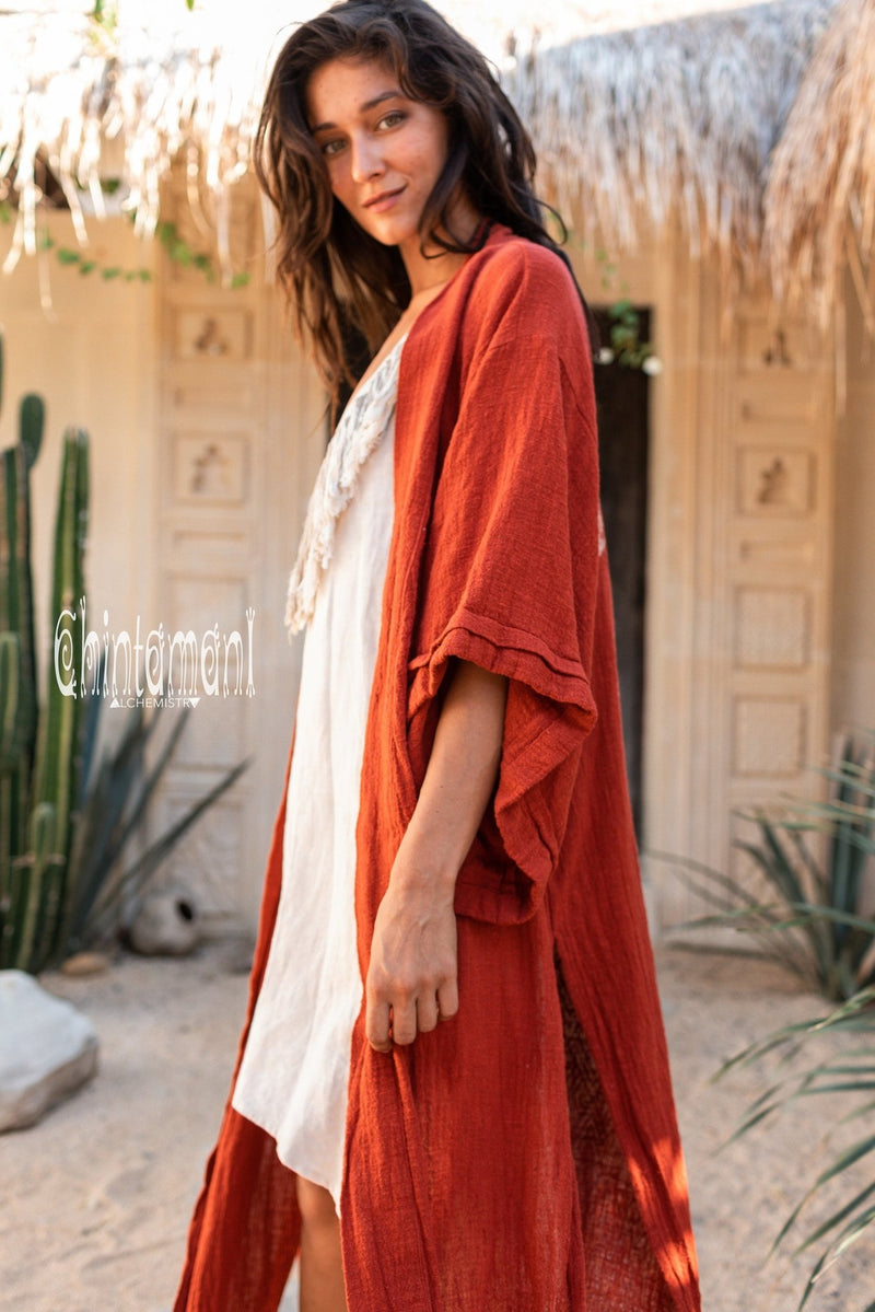Raw Cotton Kimono Robe with Print / Red Ochre - ChintamaniAlchemi