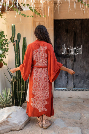 Raw Cotton Kimono Robe with Print / Red Ochre - ChintamaniAlchemi