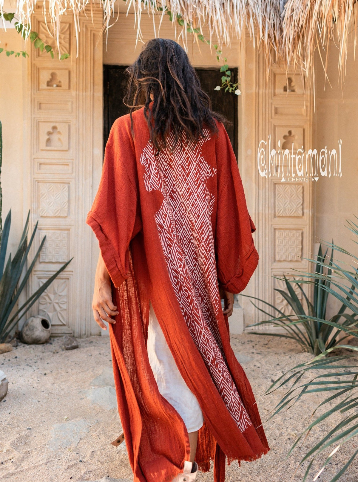 Raw Cotton Kimono Robe with Print / Red Ochre - ChintamaniAlchemi