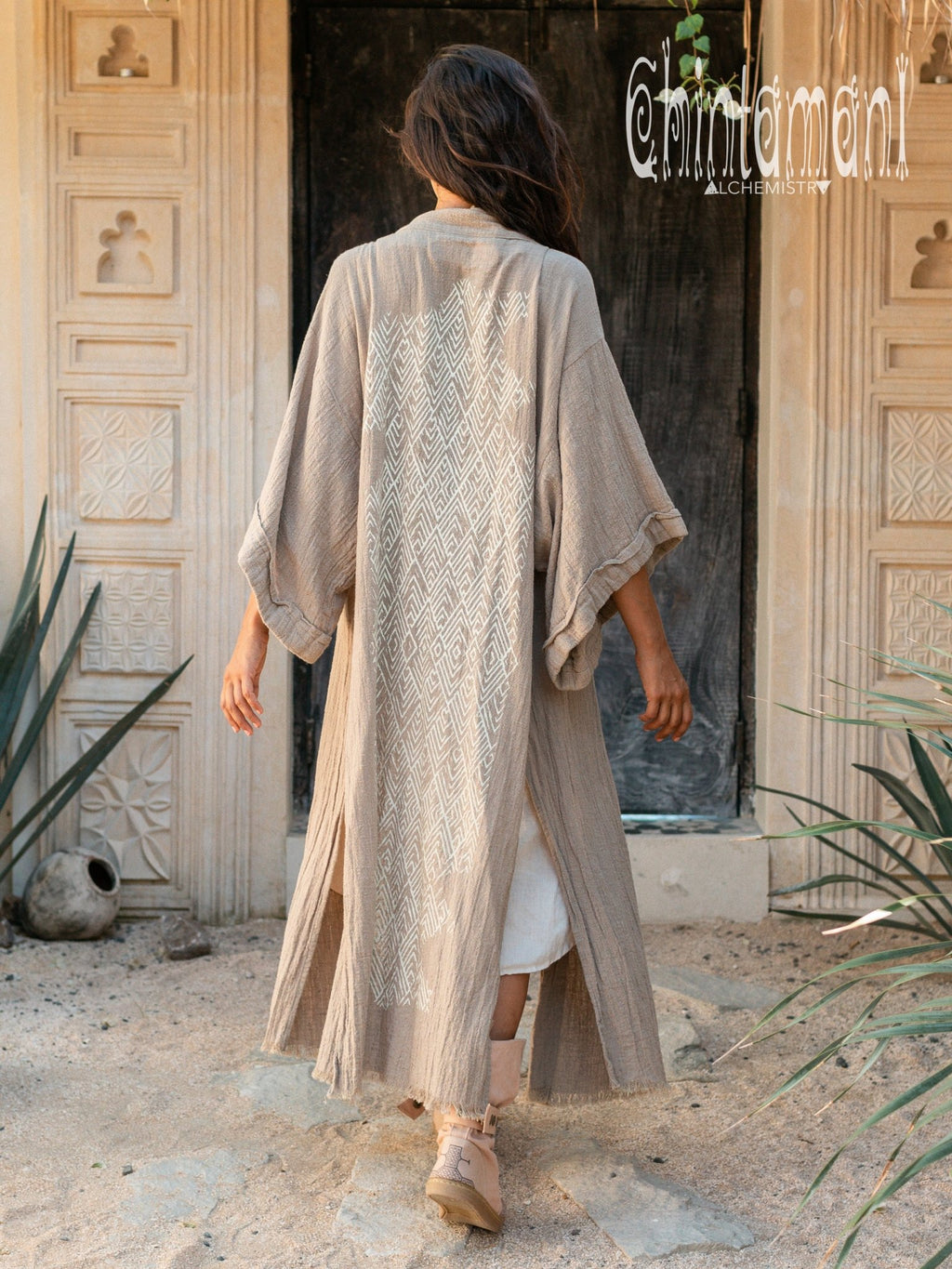 Raw Cotton Kimono Robe with Print / Sage - ChintamaniAlchemi