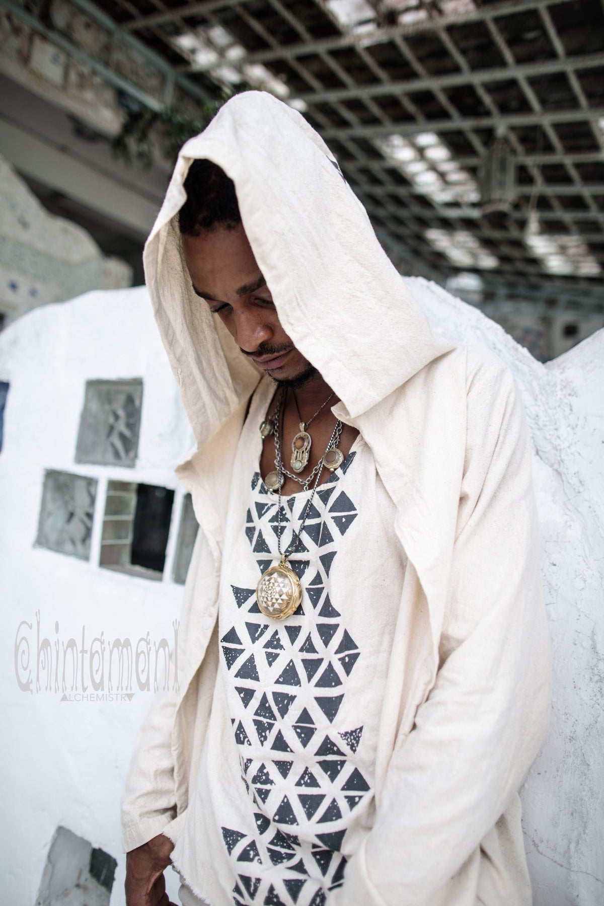 Raw Cotton Long Hooded Shirt Cardigan for Men / Aroha Atua / Light Gray - ChintamaniAlchemi