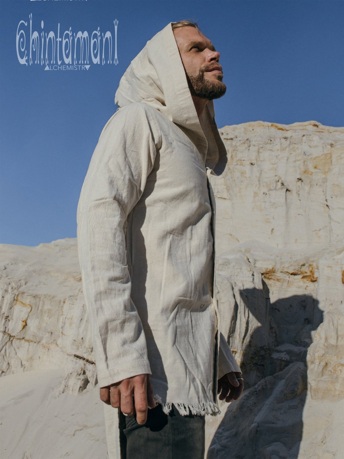 Raw Cotton Long Hooded Shirt Cardigan for Men / Aroha Atua / Light Gray - ChintamaniAlchemi