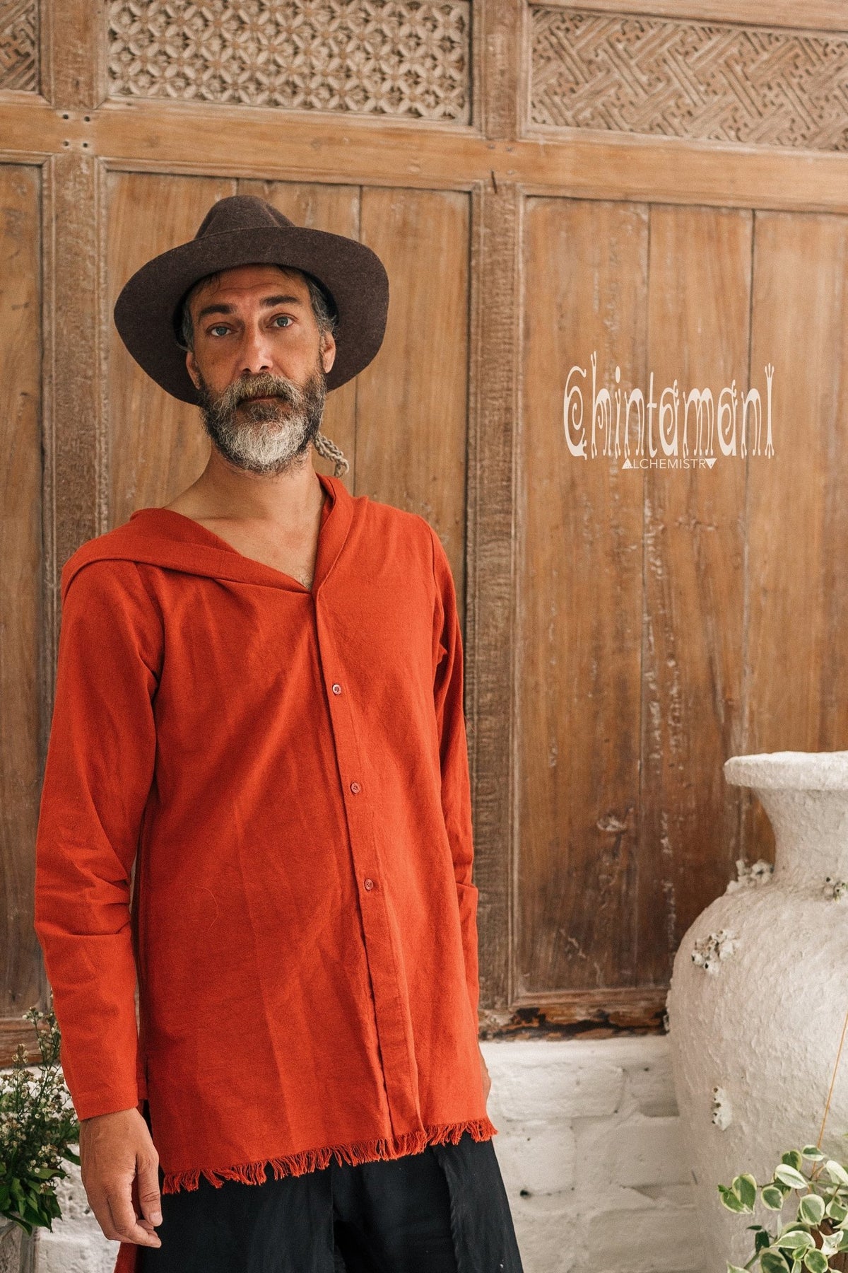 Raw Cotton Long Hooded Shirt Cardigan for Men / Aroha Atua / Red Ochre - ChintamaniAlchemi