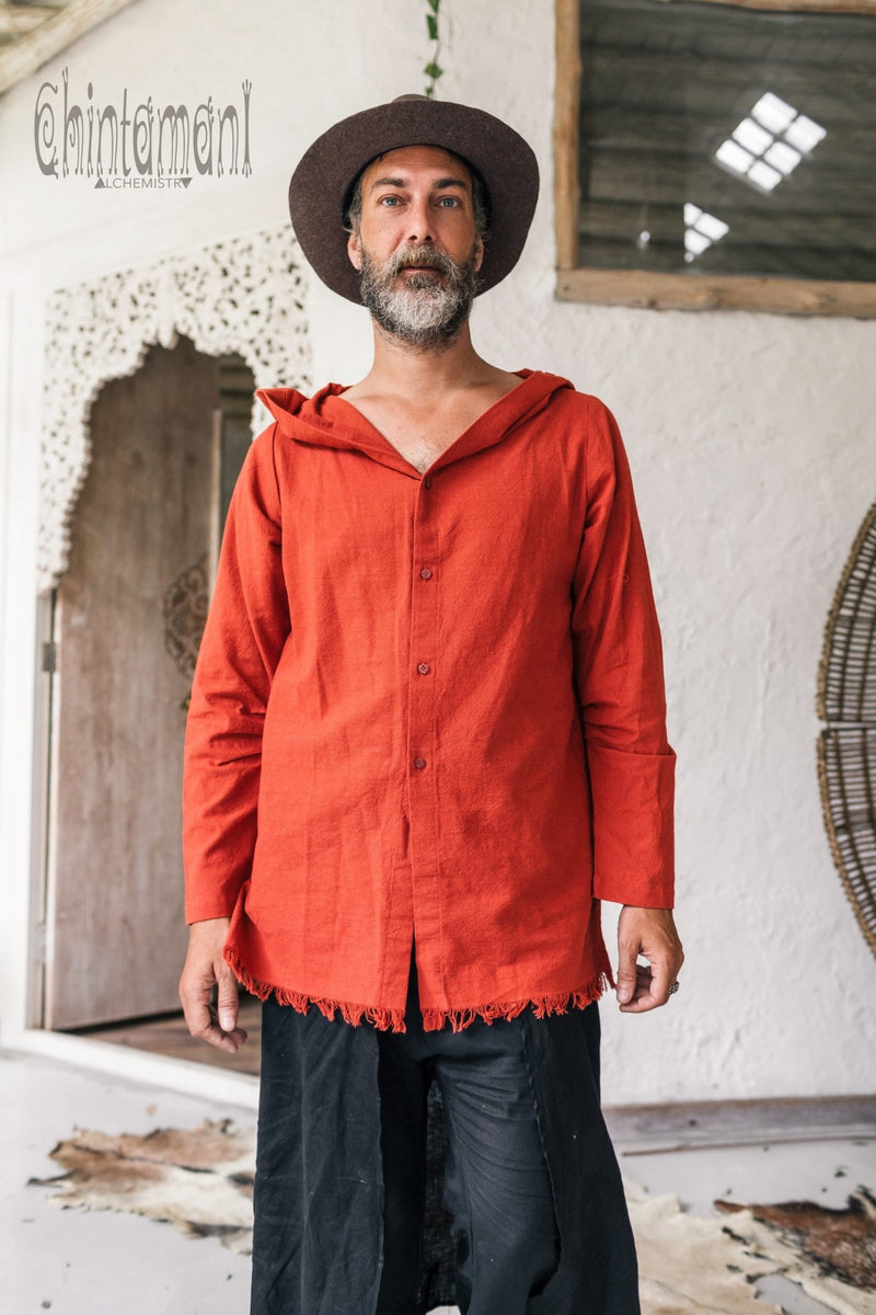 Raw Cotton Long Hooded Shirt Cardigan for Men / Aroha Atua / Red Ochre - ChintamaniAlchemi