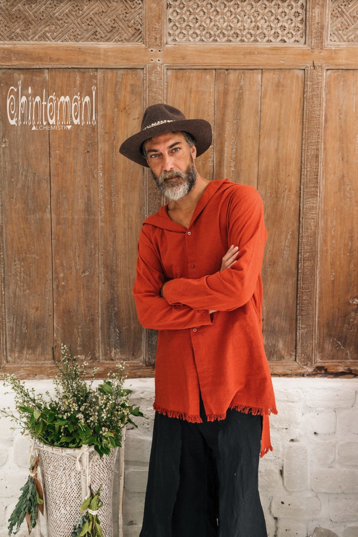 Raw Cotton Long Hooded Shirt Cardigan for Men / Aroha Atua / Red Ochre - ChintamaniAlchemi