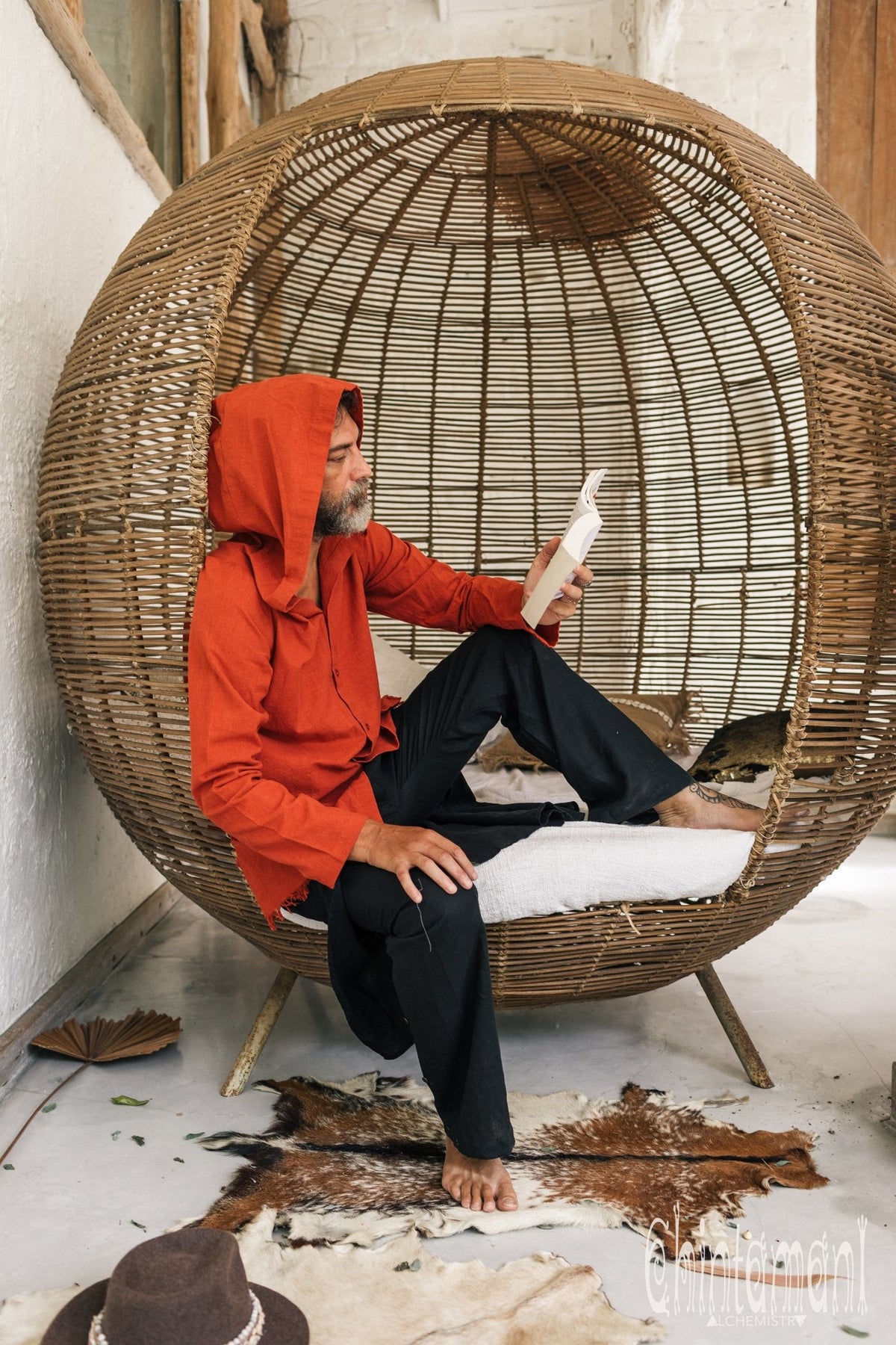 Raw Cotton Long Hooded Shirt Cardigan for Men / Aroha Atua / Red Ochre - ChintamaniAlchemi