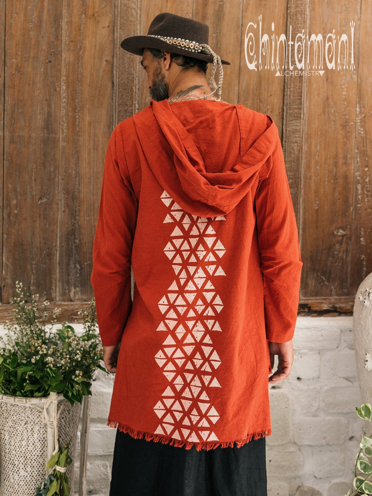 Raw Cotton Long Hooded Shirt Cardigan for Men / Aroha Atua / Red Ochre - ChintamaniAlchemi