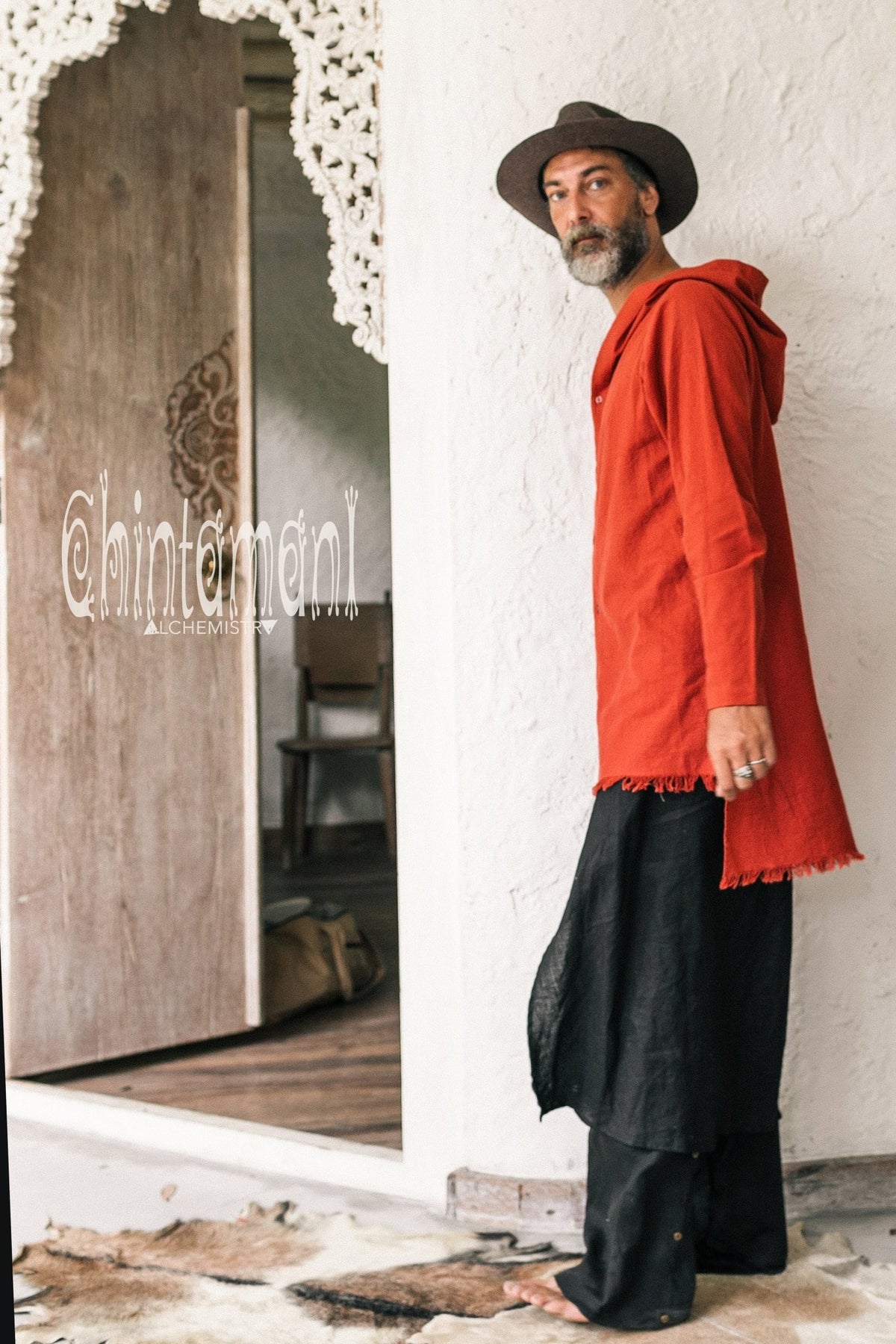 Raw Cotton Long Hooded Shirt Cardigan for Men / Aroha Atua / Red Ochre - ChintamaniAlchemi