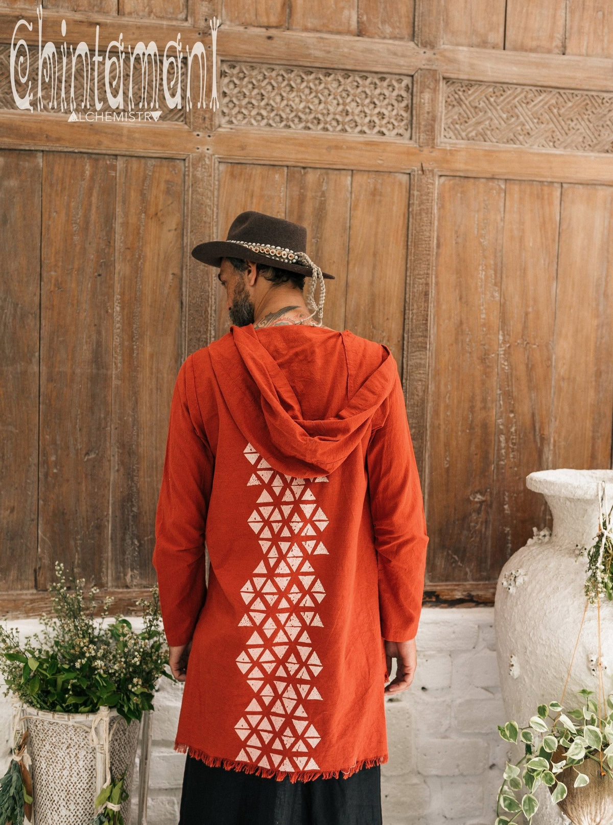 Raw Cotton Long Hooded Shirt Cardigan for Men / Aroha Atua / Red Ochre - ChintamaniAlchemi