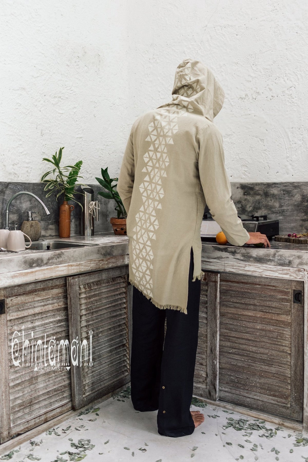 Raw Cotton Long Hooded Shirt Cardigan for Men / Aroha Atua / Sage - ChintamaniAlchemi