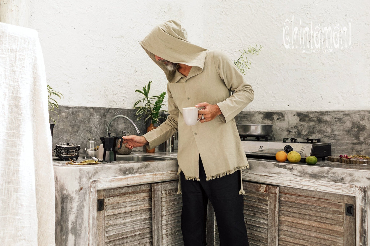 Raw Cotton Long Hooded Shirt Cardigan for Men / Aroha Atua / Sage - ChintamaniAlchemi