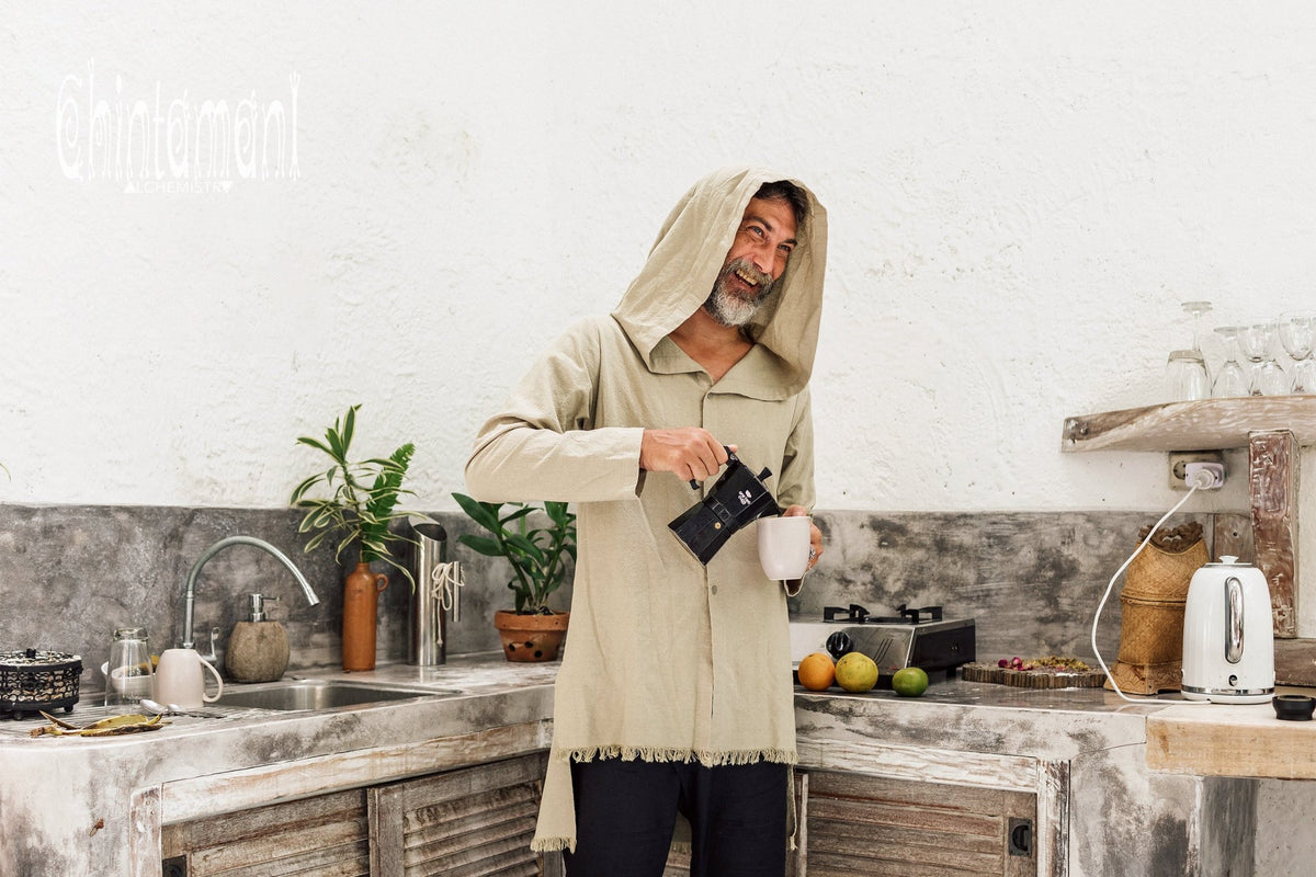 Raw Cotton Long Hooded Shirt Cardigan for Men / Aroha Atua / Sage - ChintamaniAlchemi