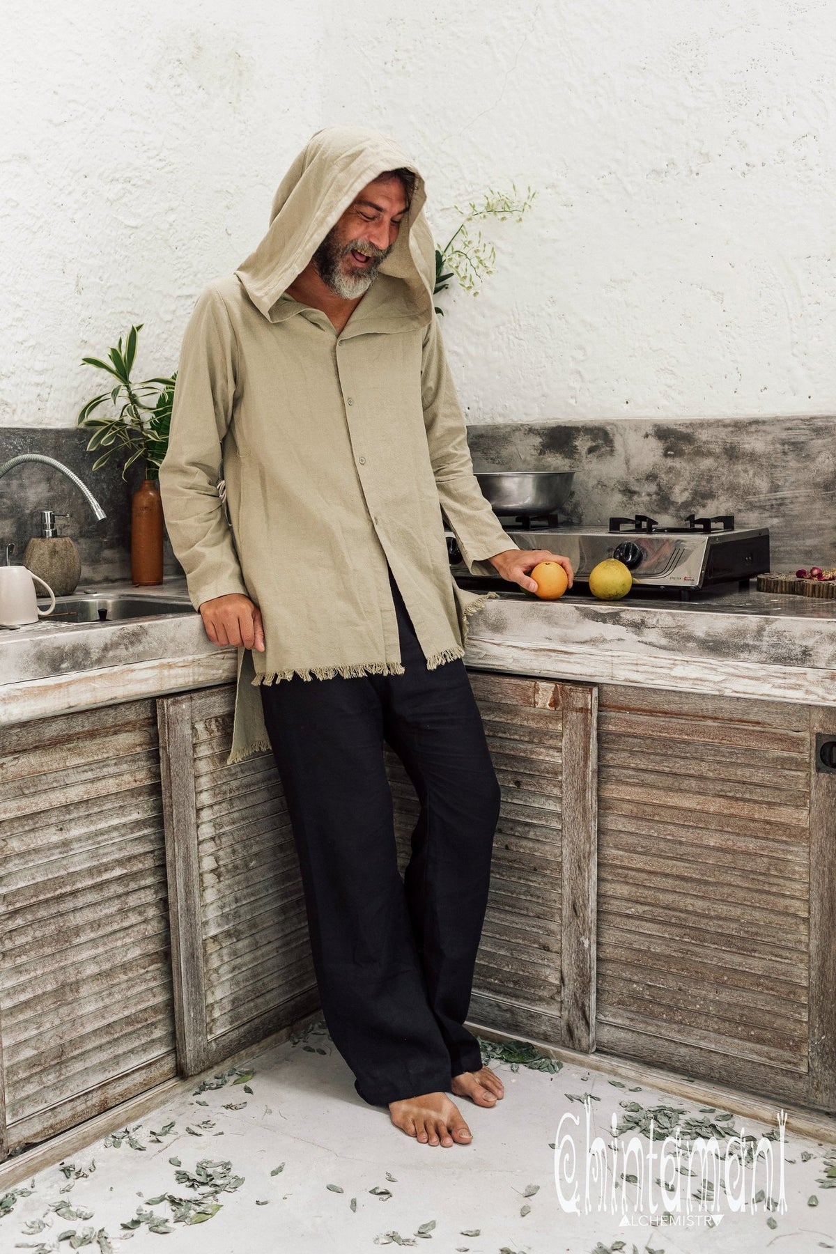 Raw Cotton Long Hooded Shirt Cardigan for Men / Aroha Atua / Sage - ChintamaniAlchemi