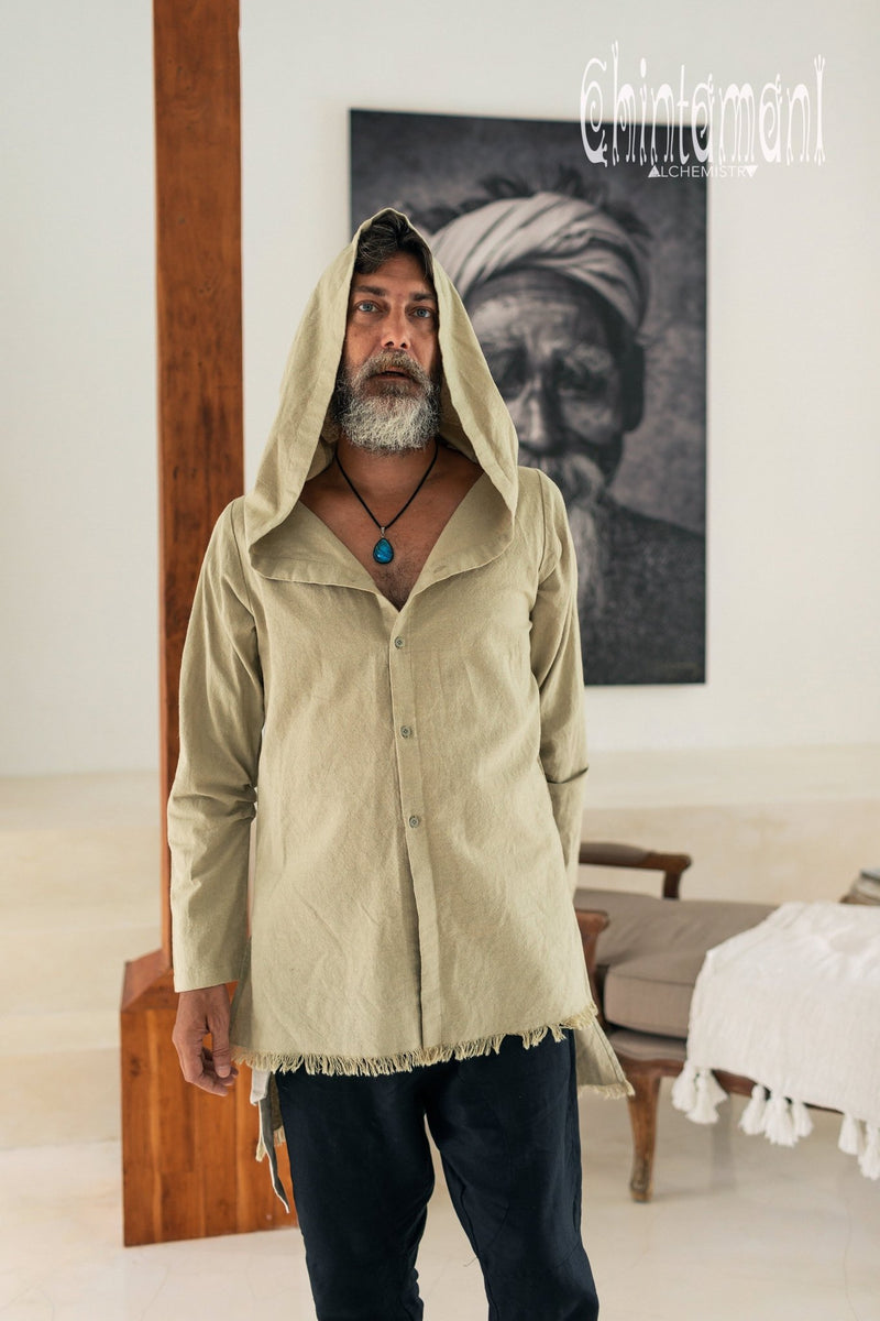 Raw Cotton Long Hooded Shirt Cardigan for Men / Aroha Atua / Sage - ChintamaniAlchemi