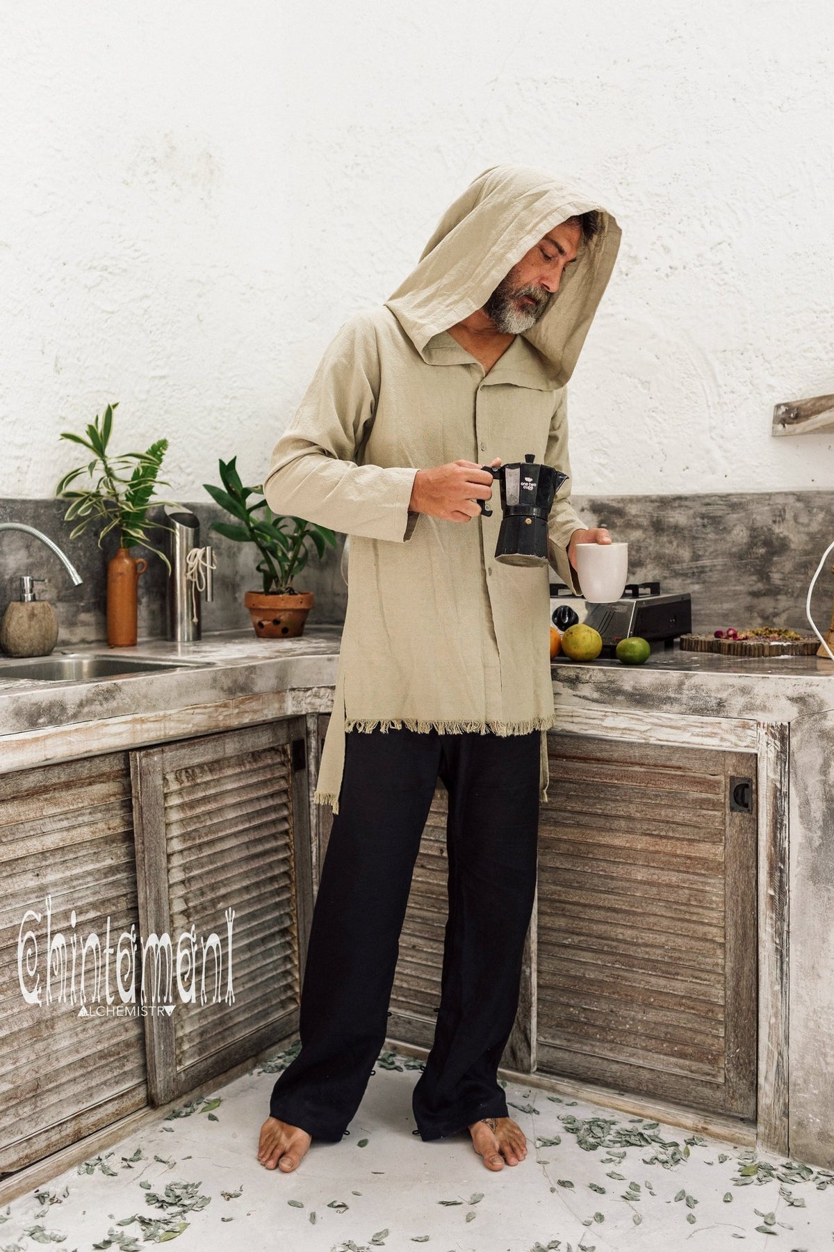 Raw Cotton Long Hooded Shirt Cardigan for Men / Aroha Atua / Sage - ChintamaniAlchemi