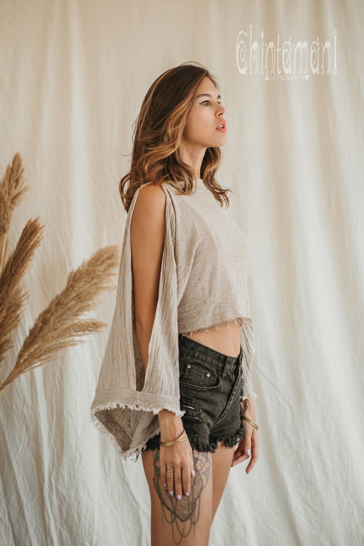 Raw Cotton Poncho Crop Top / Beige - ChintamaniAlchemi