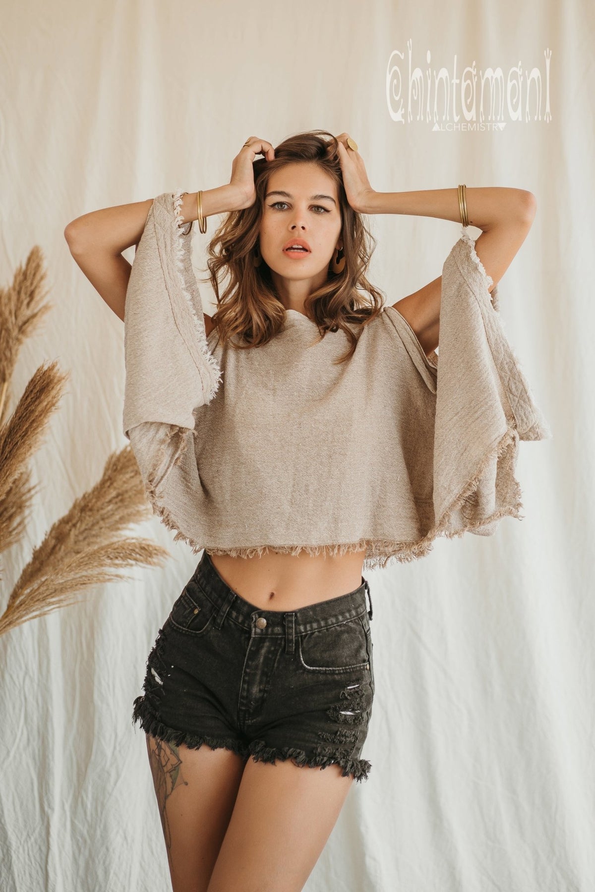 Raw Cotton Poncho Crop Top / Beige - ChintamaniAlchemi