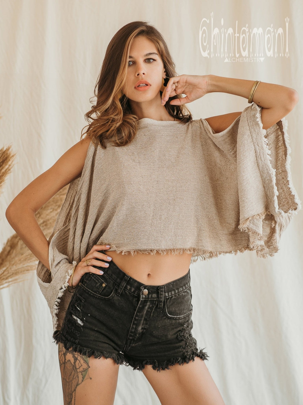 Raw Cotton Poncho Crop Top / Beige - ChintamaniAlchemi