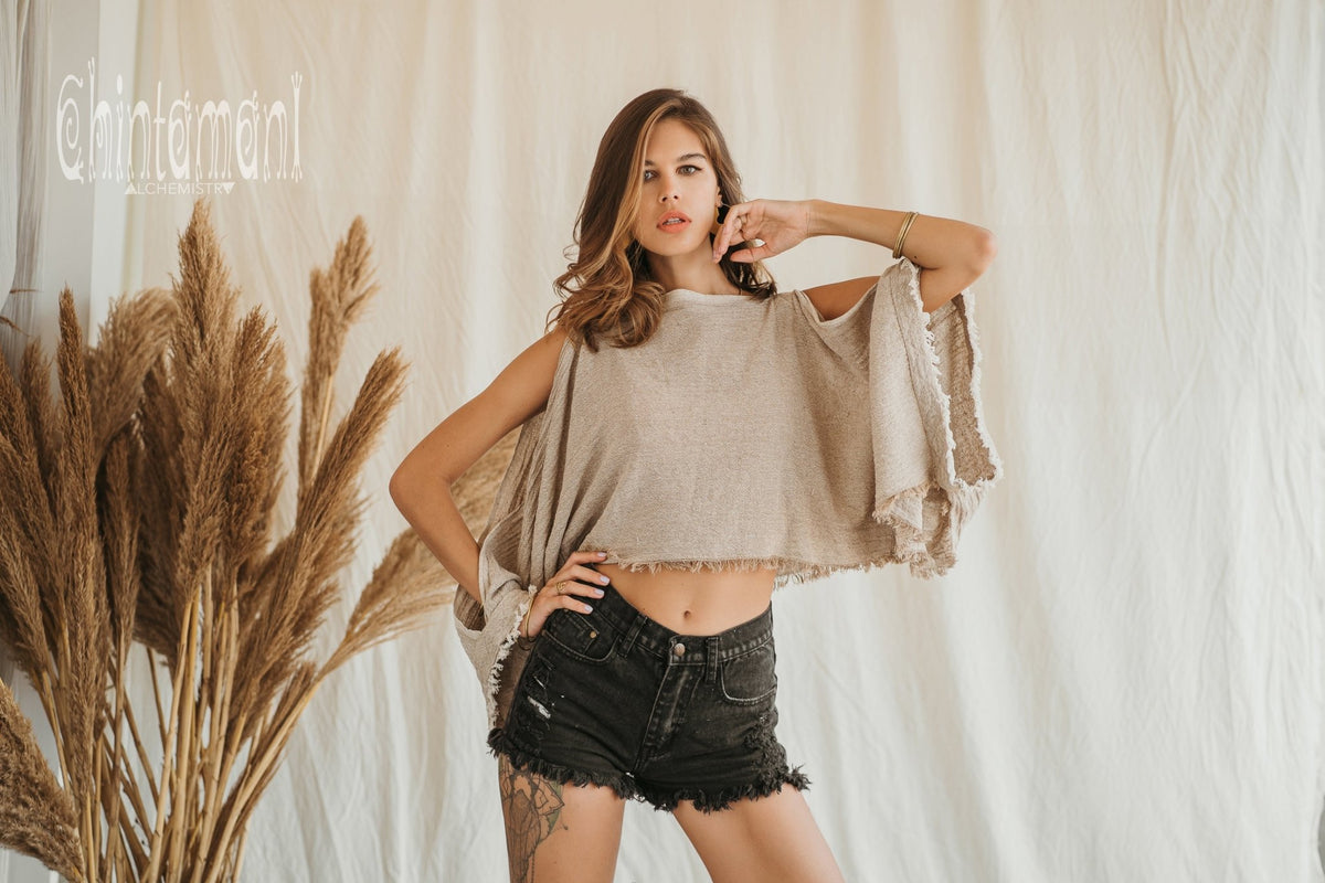 Raw Cotton Poncho Crop Top / Beige - ChintamaniAlchemi