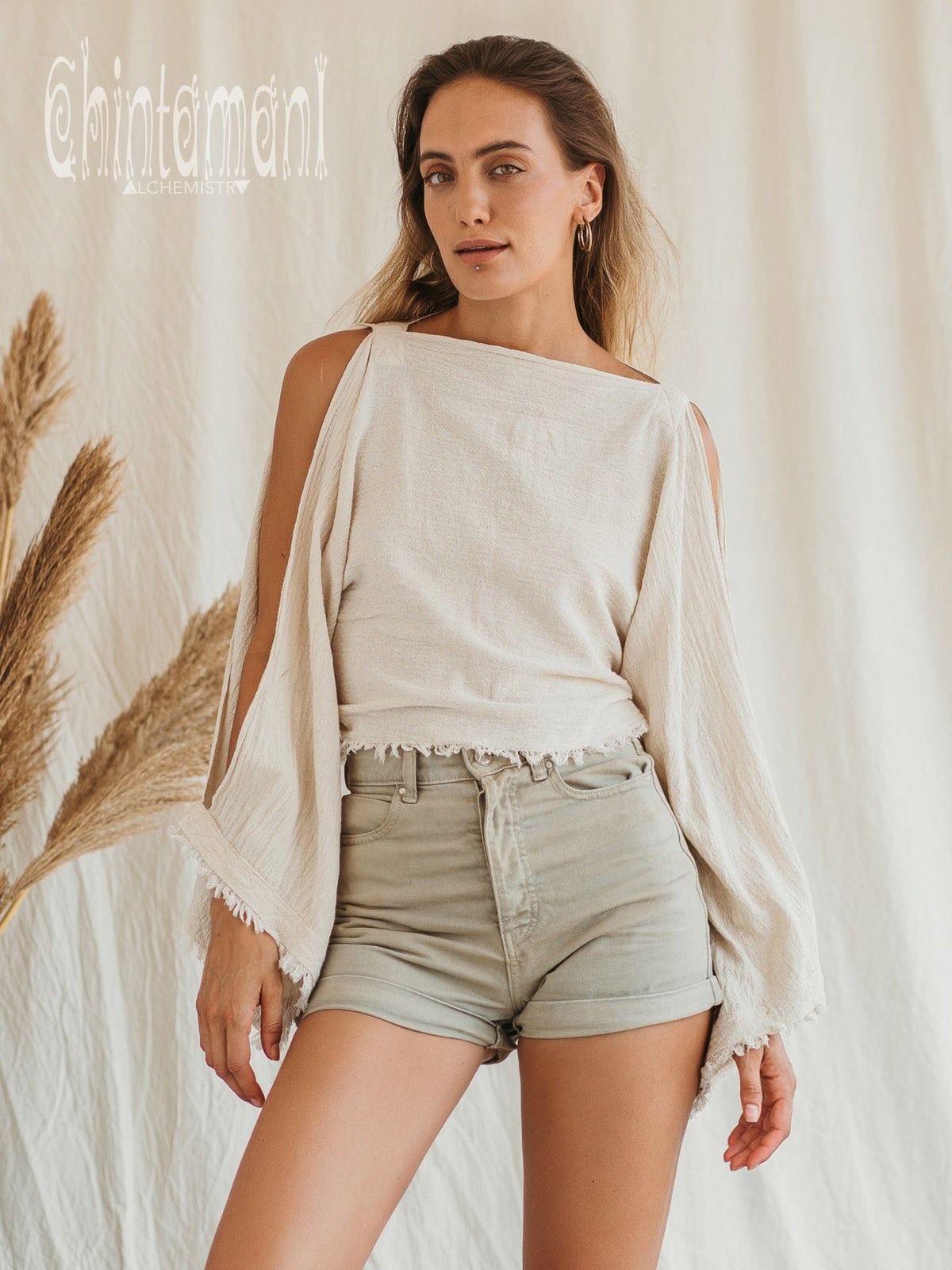 Raw Cotton Poncho Crop Top / Off White - ChintamaniAlchemi